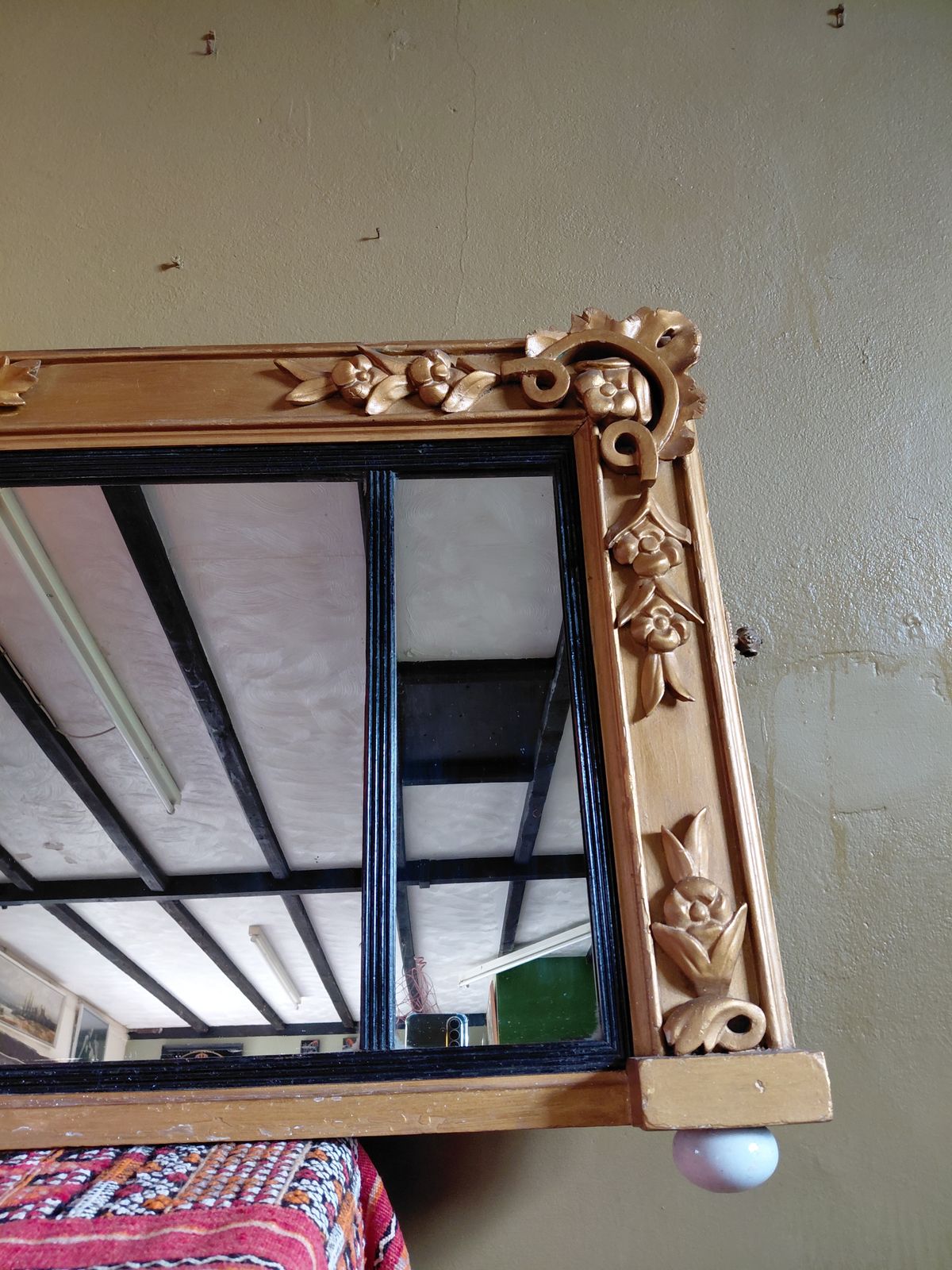 19th Century Gilt Framed Triple Over Mantle Mirror On Ceramic Bun Feet With Ebonised & Reeded Slip Frame photo vinterior