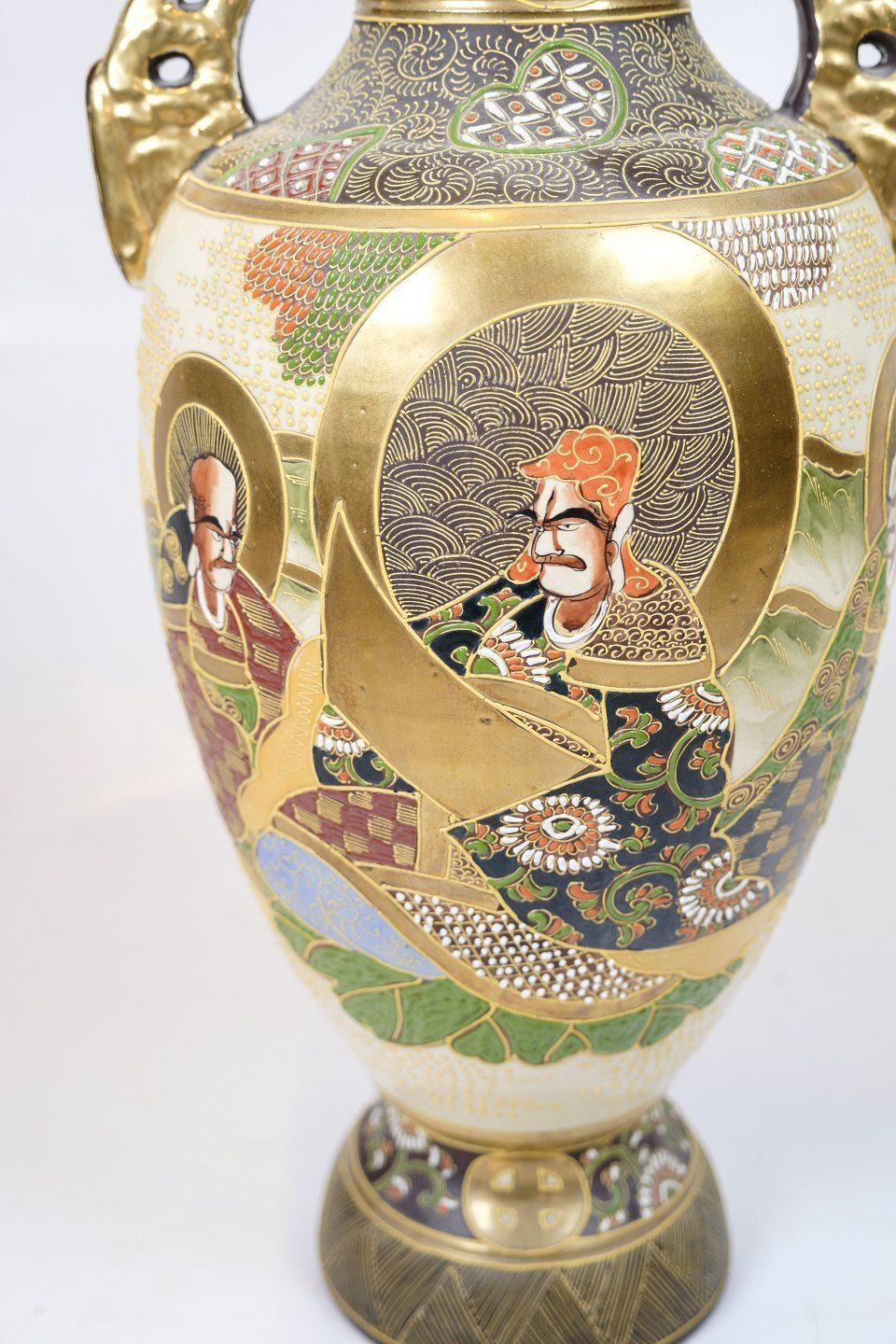 Japanese Satsuma Vase – Meiji Period Style – Ivory Glaze With Crackle Finish – Hand Painted Figures & Ornaments photo for sale
