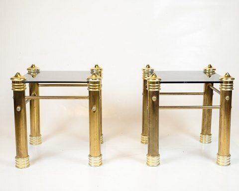 Set Of Two Bedside Tables   Brass Legs   Black Glass Top   Vintage Style   1970s