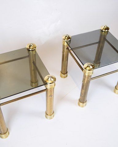 Set Of Two Bedside Tables   Brass Legs   Black Glass Top   Vintage Style   1970s photo for sale