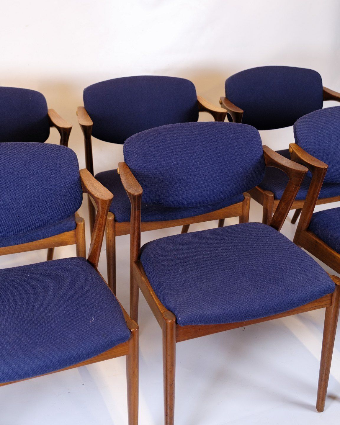 Set Of Six Dining Chairs   Model 42   Teak & Blue Fabric   Kai Kristiansen   Schou Andersen   1960s photo furniture