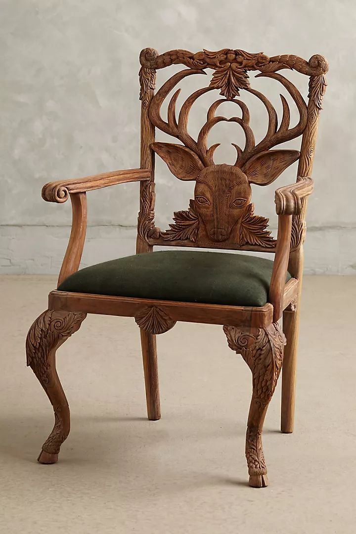 Hand Carved Wooden Armchair With Deer Head & Antler Design – Rustic Luxury Accent Chair