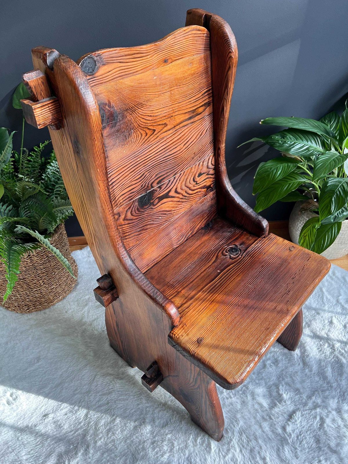 Primitive Handmade Side Chair   Rustic Viking Style Medieval Seat   Folk Art Wood Chair For Castle & Cabin Decor photo vintage
