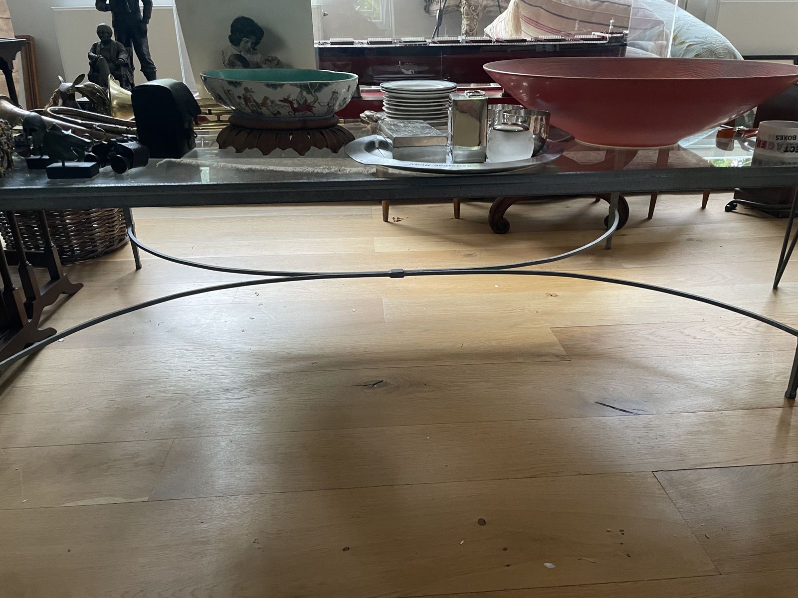 Large French Maison Jensen Style Glass And Galvanised Steel Coffee Table photo furniture