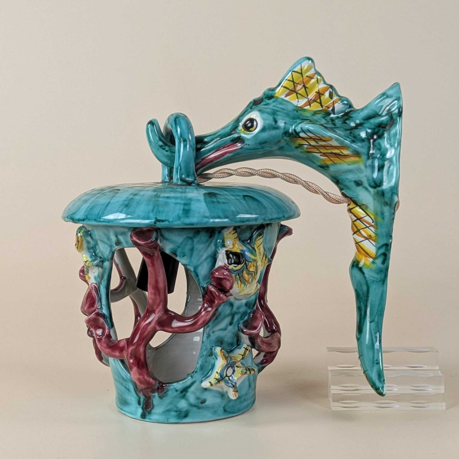 Vintage Ceramic Seahorse Wall Sconce, Turquoise & Yellow Glaze Seashell And Coral Whimsical Hanging Wall Lighting, Nautical Decor Light photo vinterior