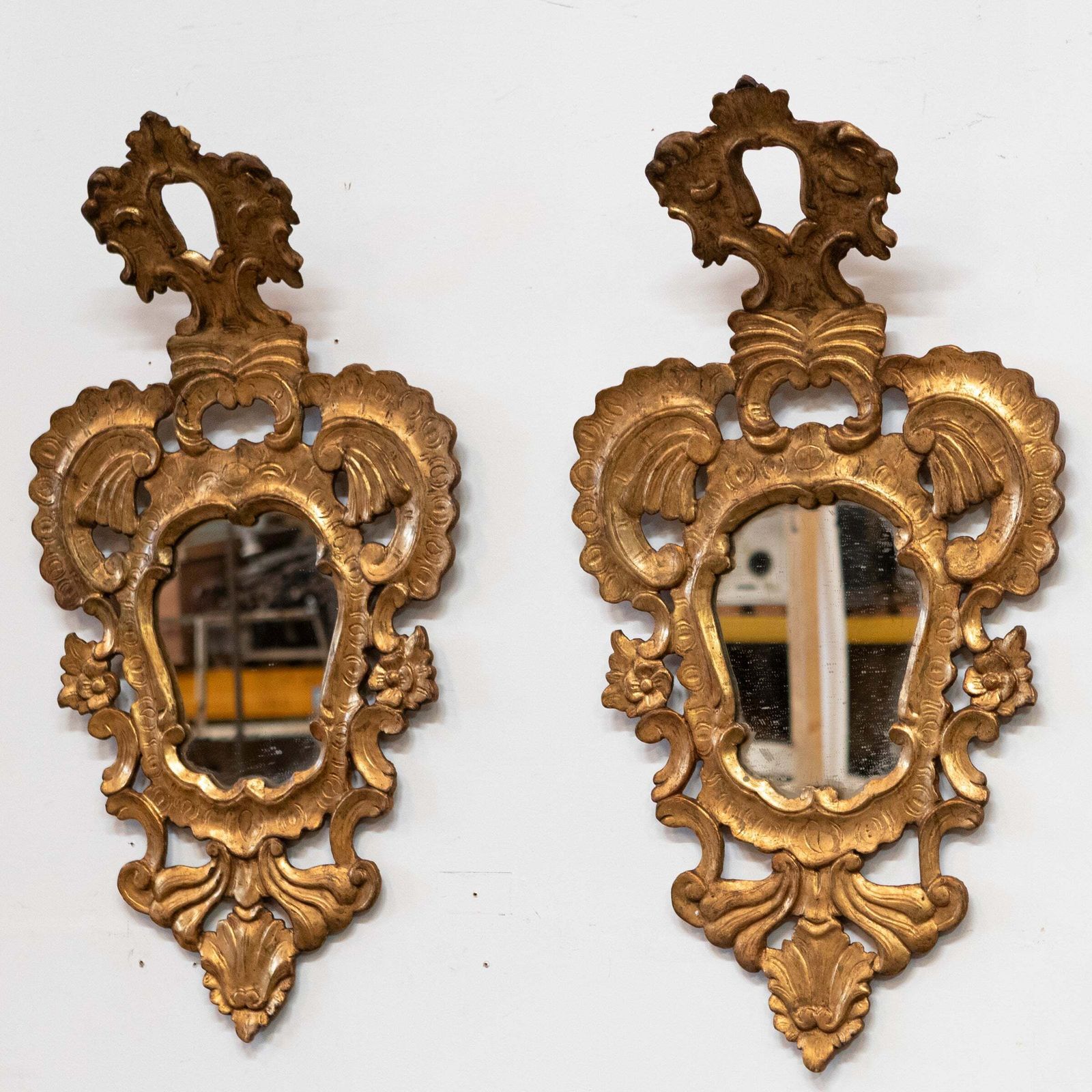 Pair Of Antique Italian Giltwood Ornate Mirrors photo for sale