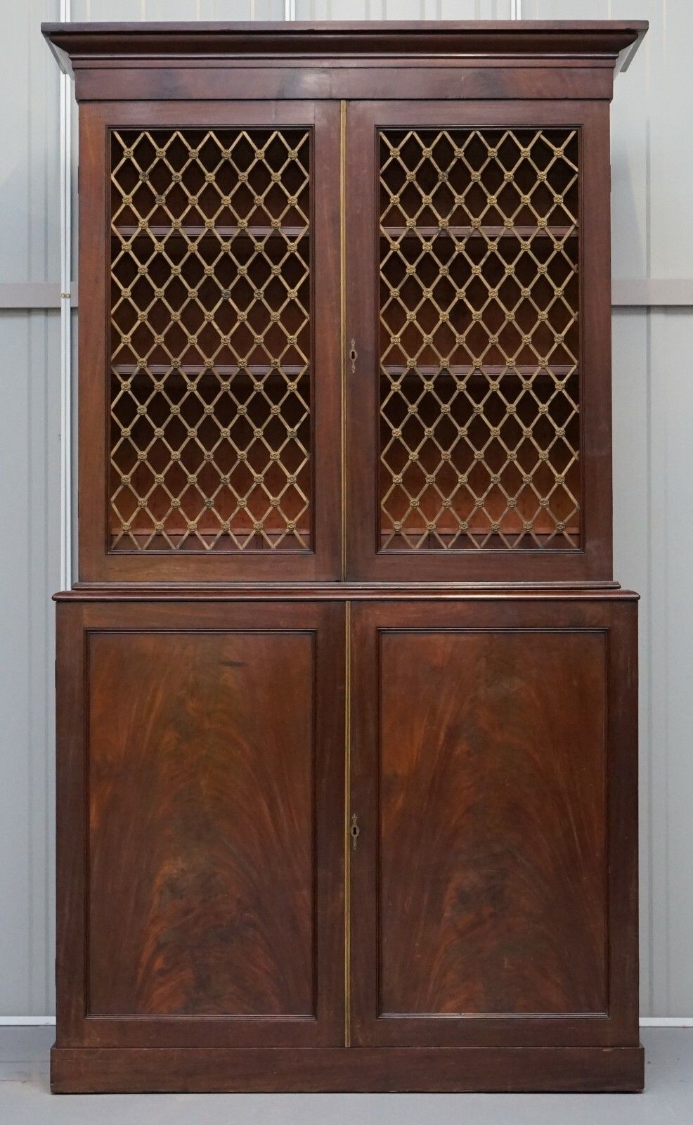 Rare 19th Century Mahogany Pierced Bronzed Door Bookcase With Chest Of Drawers photo for sale