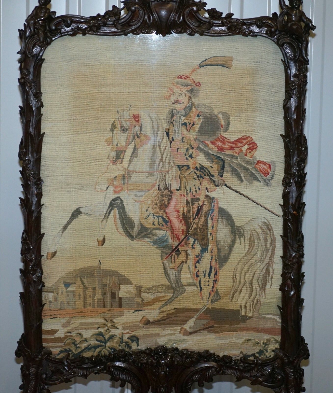 Georgian Circa 1800 Carved Wood Fireplace Screen Original Tapestry Cherubs Putti photo Home Decor