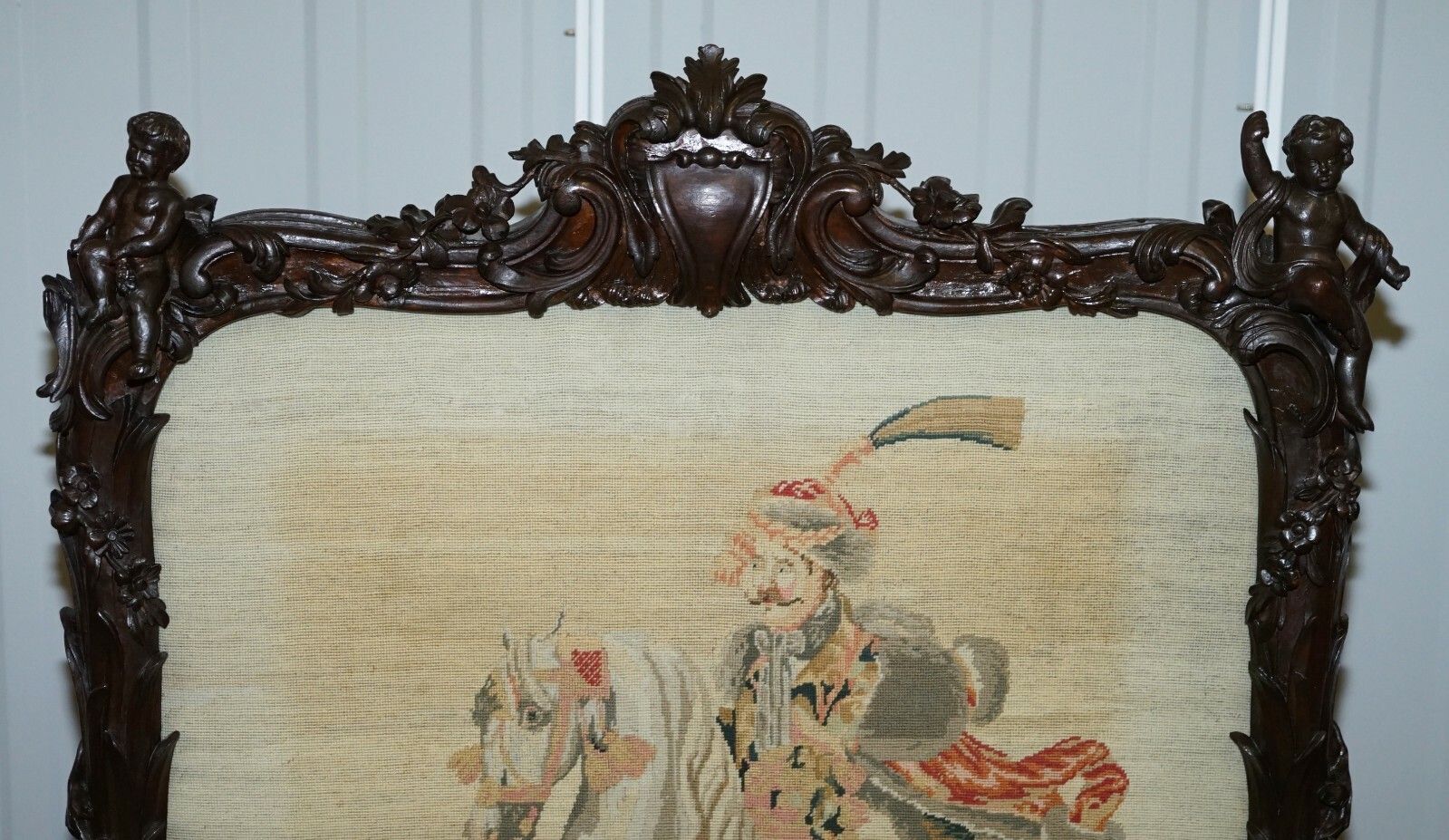 Georgian Circa 1800 Carved Wood Fireplace Screen Original Tapestry Cherubs Putti photo vinterior