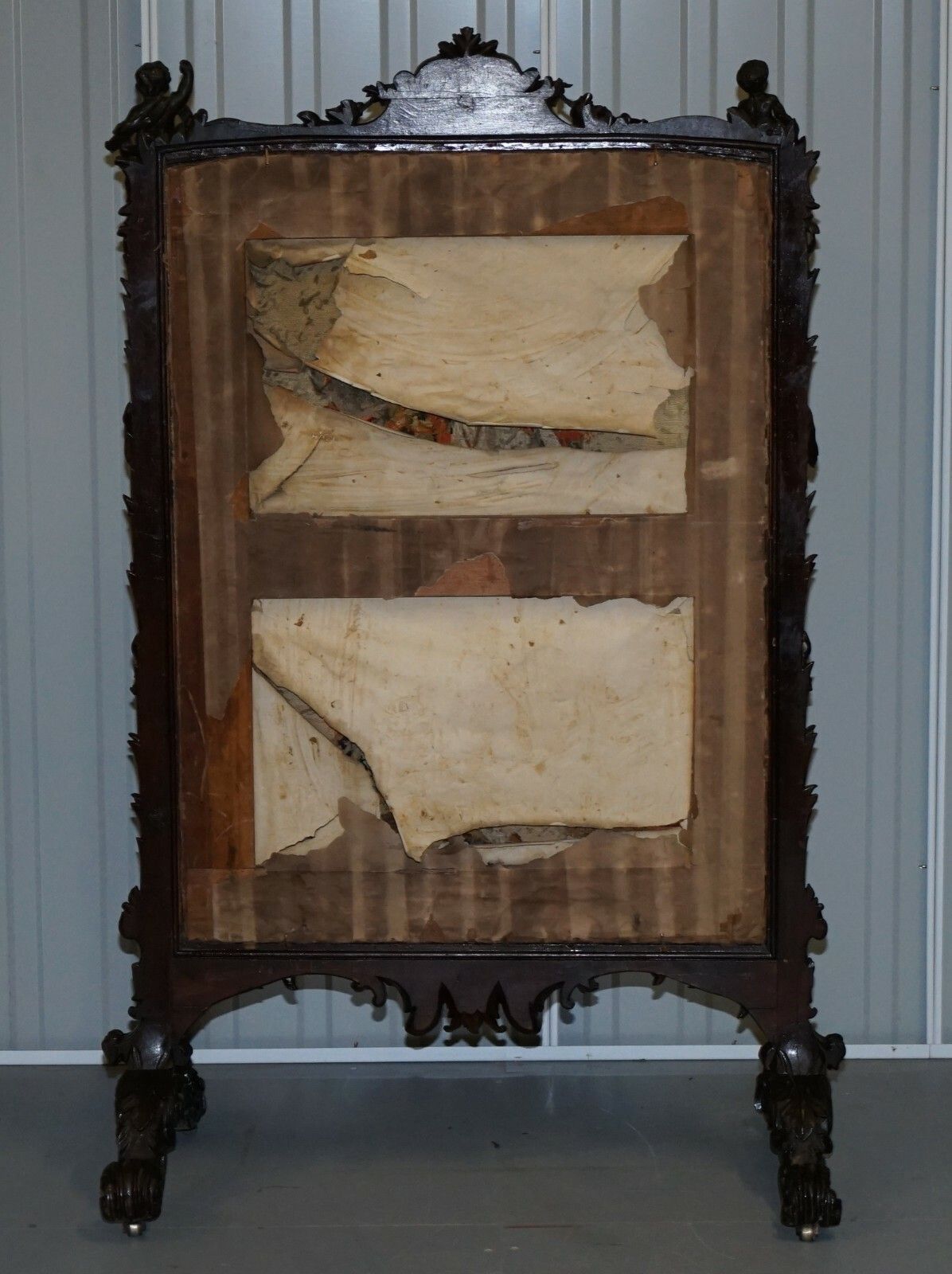 2850.0 Georgian Circa 1800 Carved Wood Fireplace Screen Original Tapestry Cherubs Putti photo