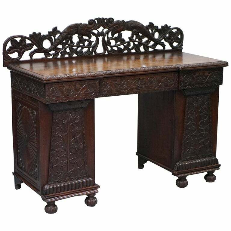 Lovely Anglo Burmese 19th Century Hand Carved Sideboard With Drawers & Cupboards
