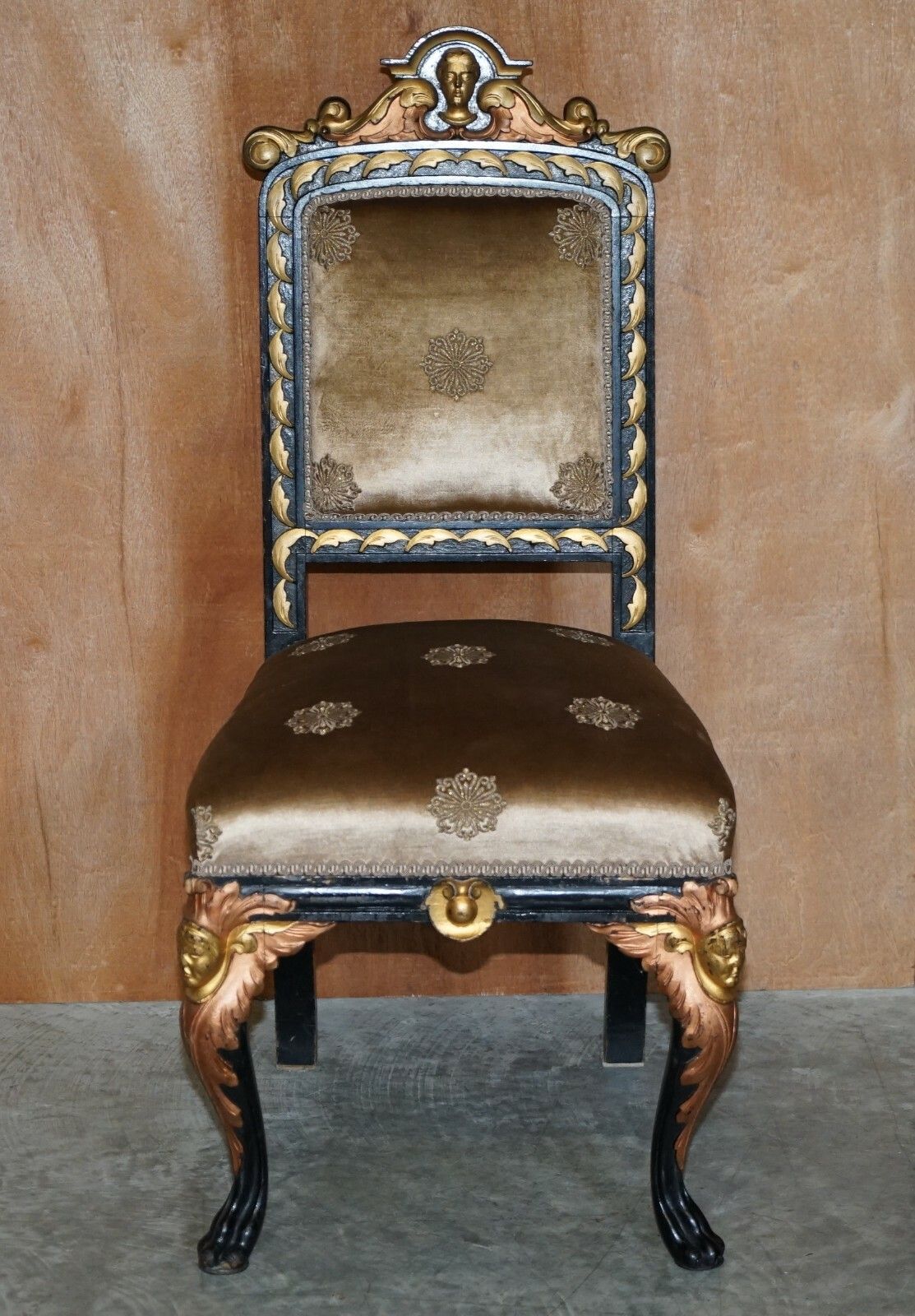 Four Restored Antique Victorian Heavily Carved Ebonised Gold Gilt Dining Chairs photo for sale