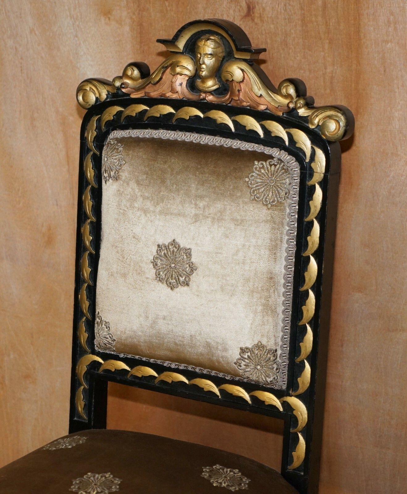 Four Restored Antique Victorian Heavily Carved Ebonised Gold Gilt Dining Chairs photo Furniture