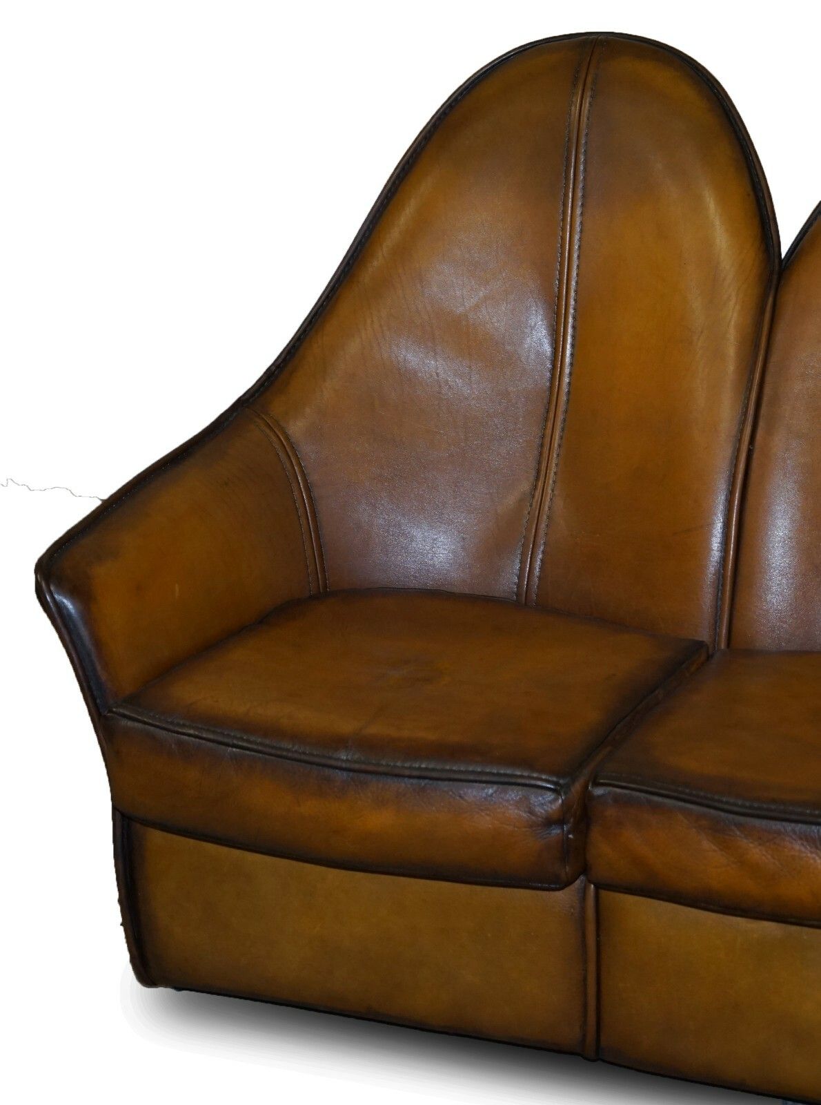 Sublime Fully Restored Art Modern Curved Back Brown Leather Sofa Part Of Suite photo for sale