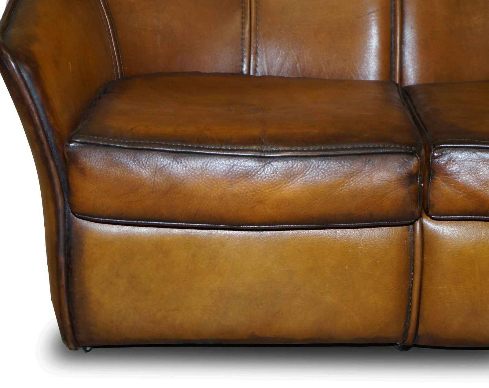 photo furniture Sublime Fully Restored Art Modern Curved Back Brown Leather Sofa Part Of Suite