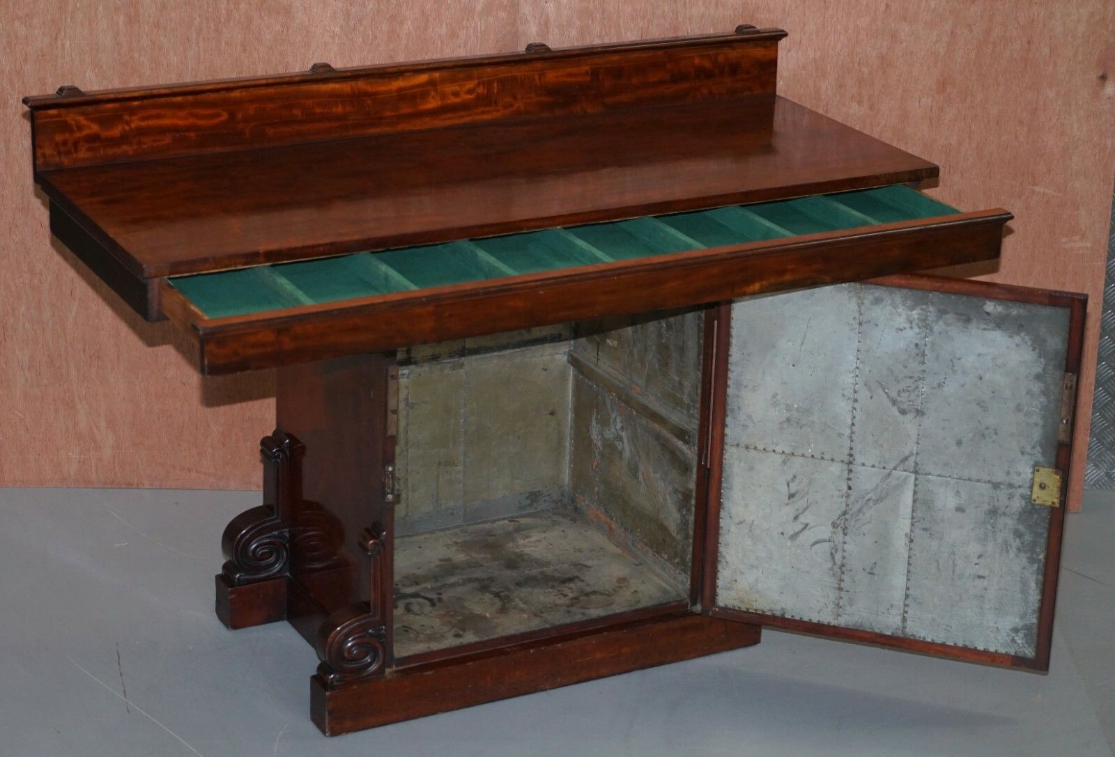 photo for sale William IV Circa 1830 Cuban Mahogany Ornately Cared Sideboard Wine Cellar