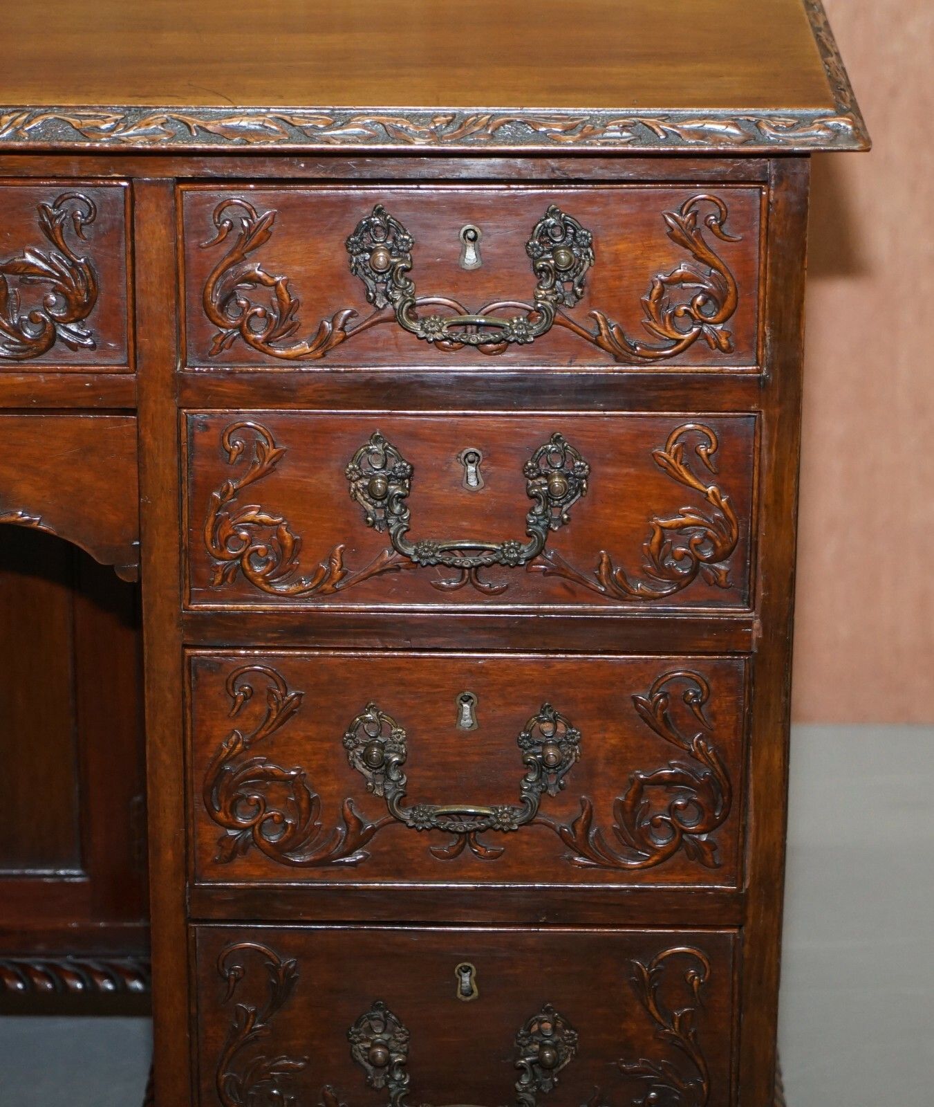 Sublime Hand Carved From Top To Bottom Antique Victorian 1850 Knee Hole Desk photo vinterior