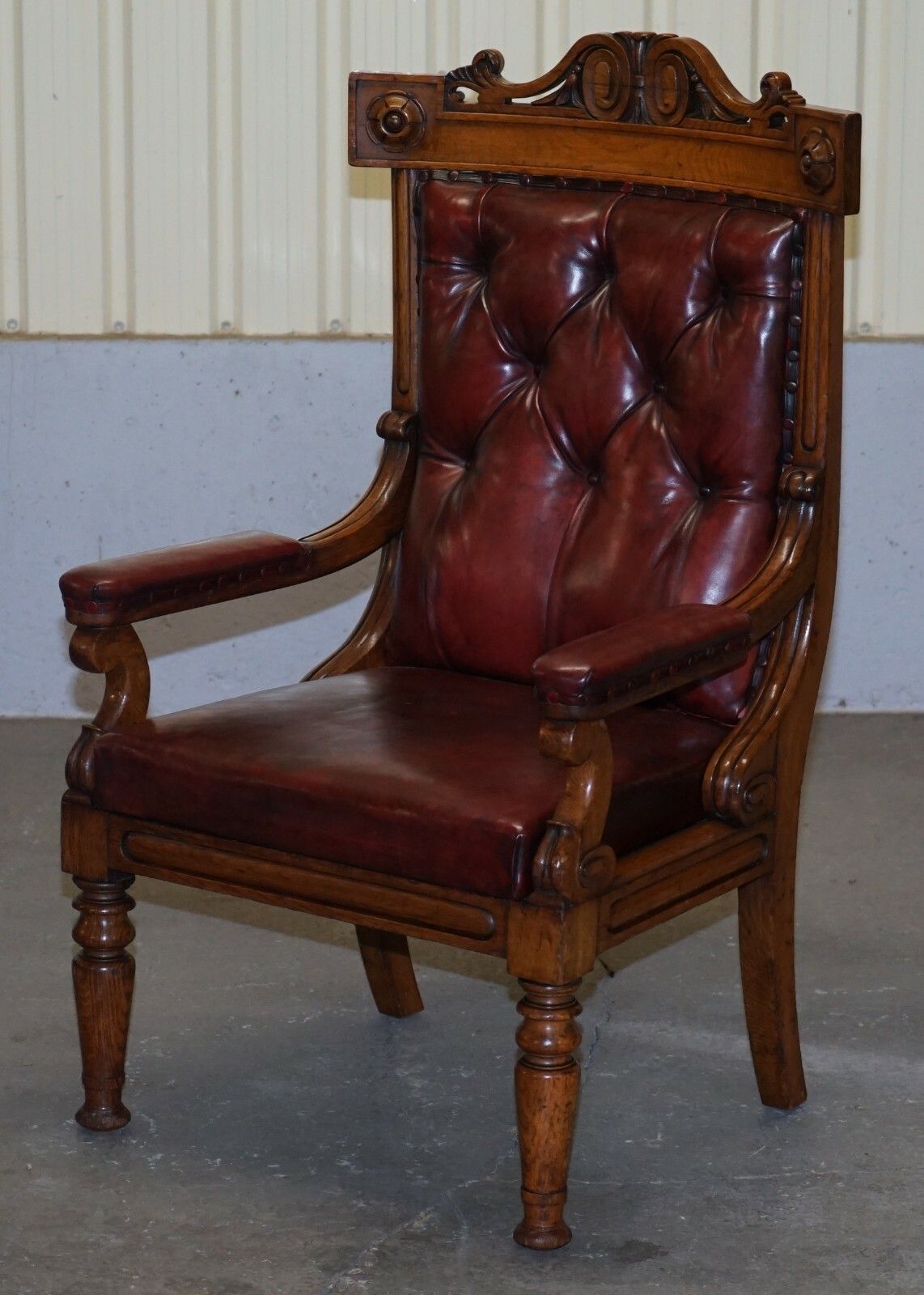 English Estate Circa 1840 Royal Crown Stamped Oxblood Leather Throne Armchair photo for sale