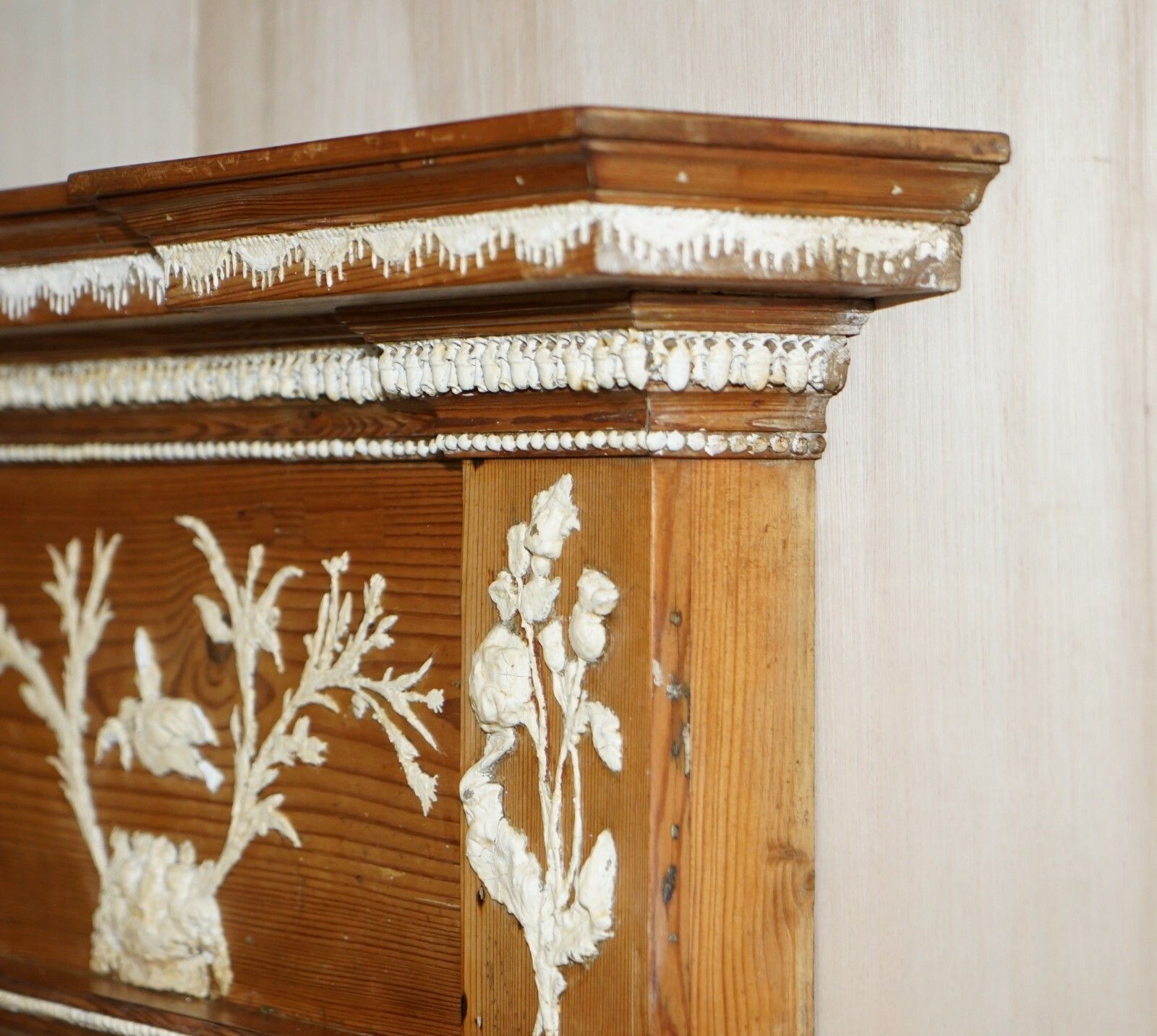 photo furniture Antique Victorian Pitch Pine & Gesso Carved Fire Surround Fireplace Mantlepiece