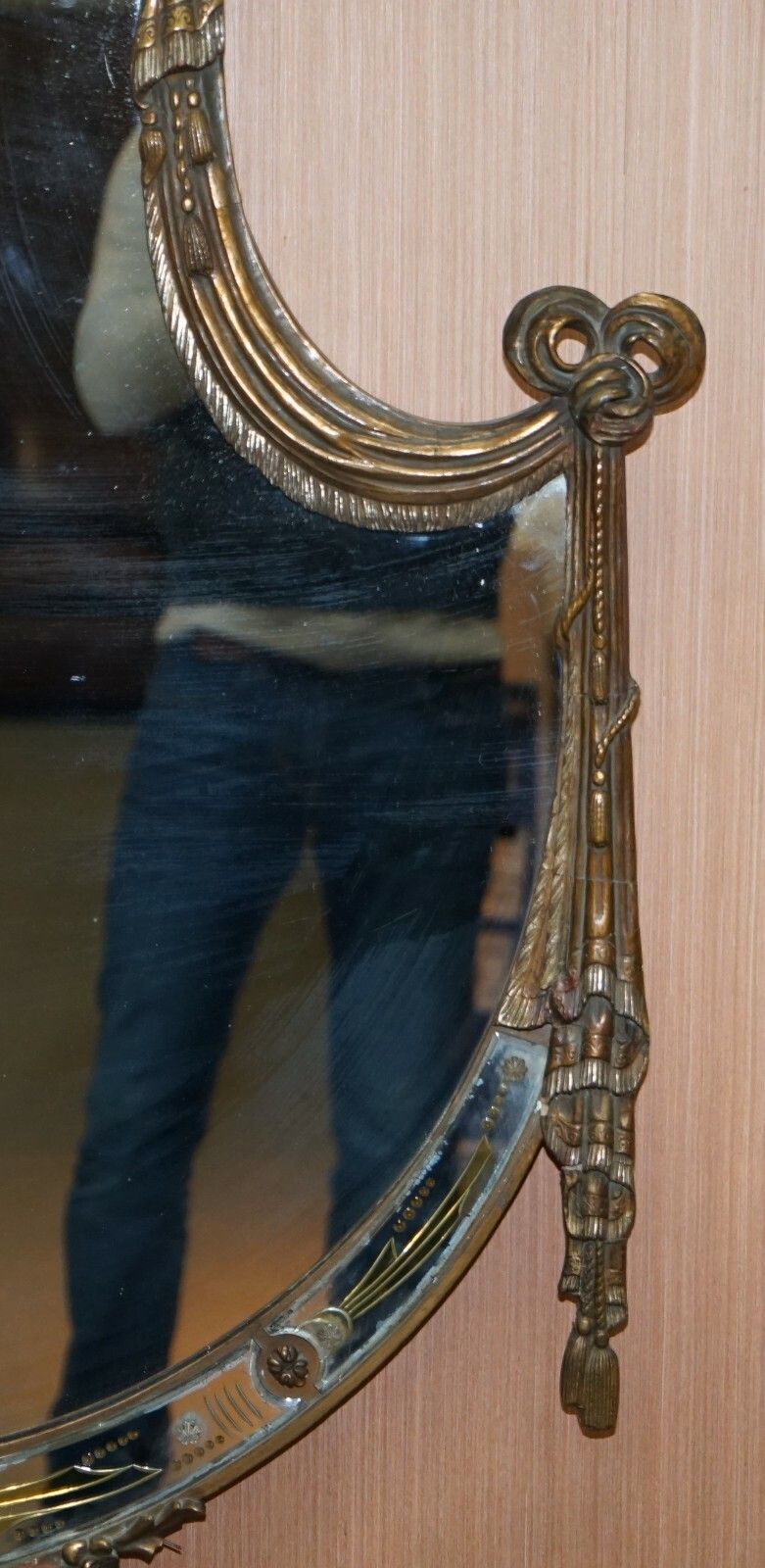 Rare Large Late 19th Century Giltwood Mirror French Shield Shape Acanthus Detail photo vinterior
