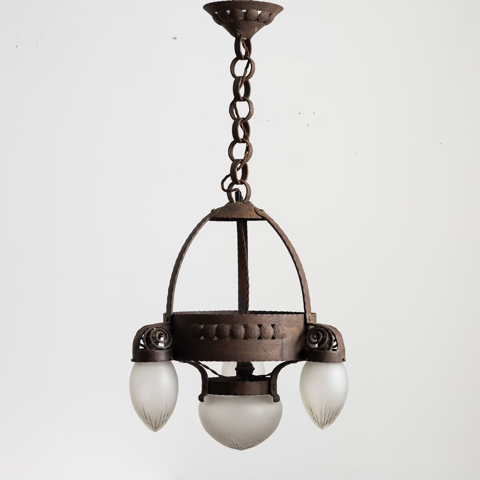 Early Swedish Jugend Ceiling Lamp Chandelier In Patinated Iron With Frosted Decorative Glass Shades By Böhlmarks Sweden, 1910s