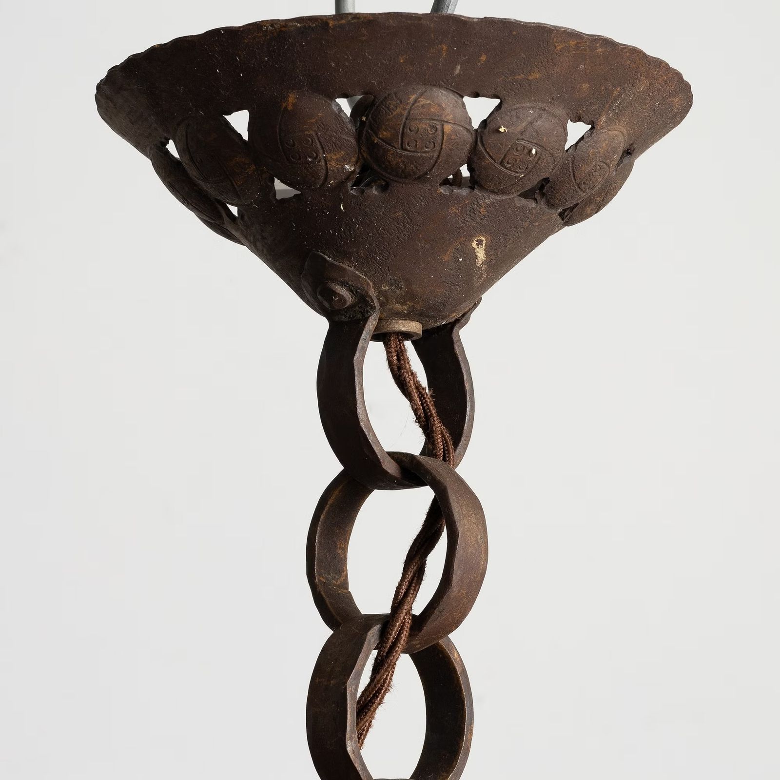 Early Swedish Jugend Ceiling Lamp Chandelier In Patinated Iron With Frosted Decorative Glass Shades By Böhlmarks Sweden, 1910s photo Lighting