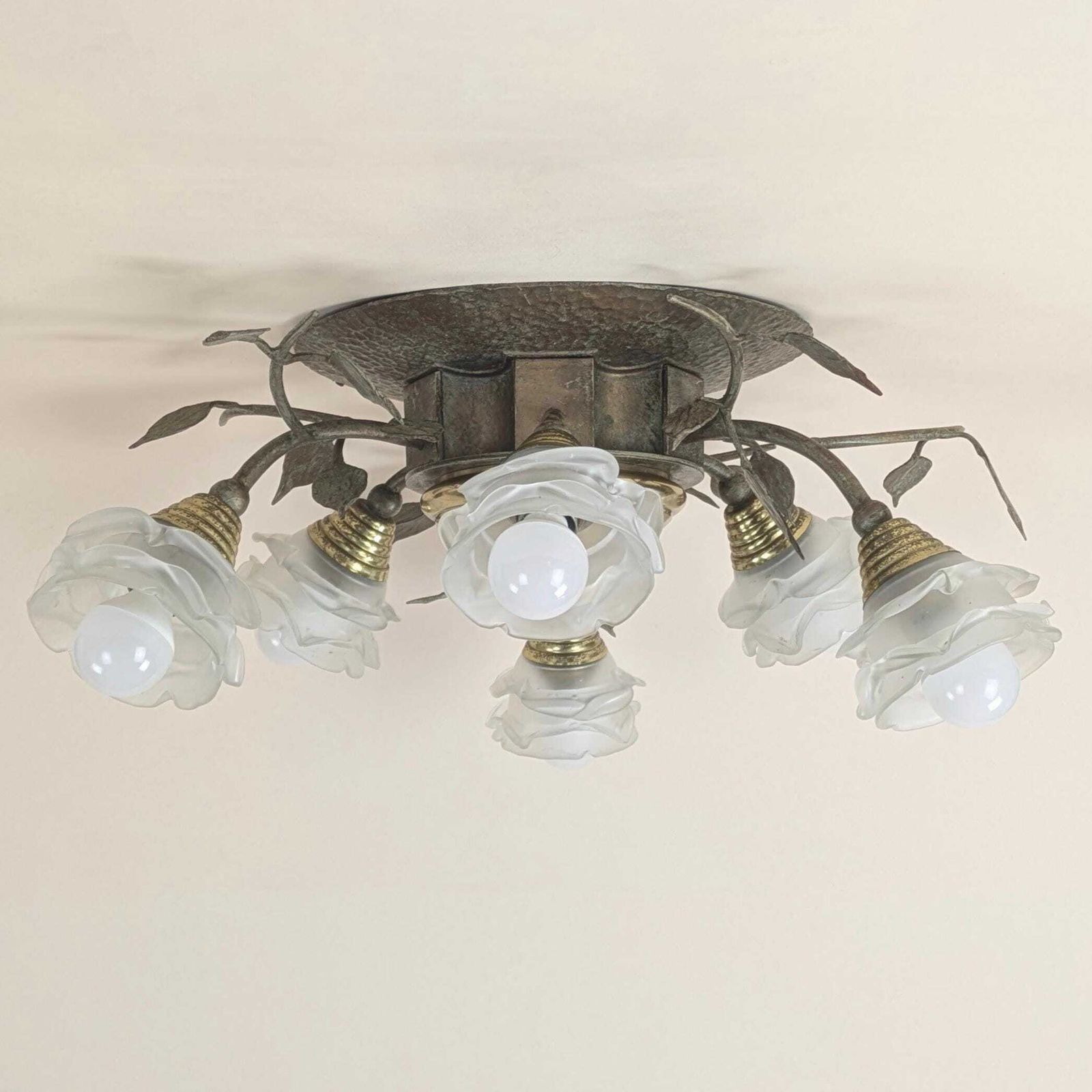 Vintage Italian Bronze Floral Semi Flush Ceiling Light Fixture Mid Century Rose Glass Shades Hollywood Regency Lighting
