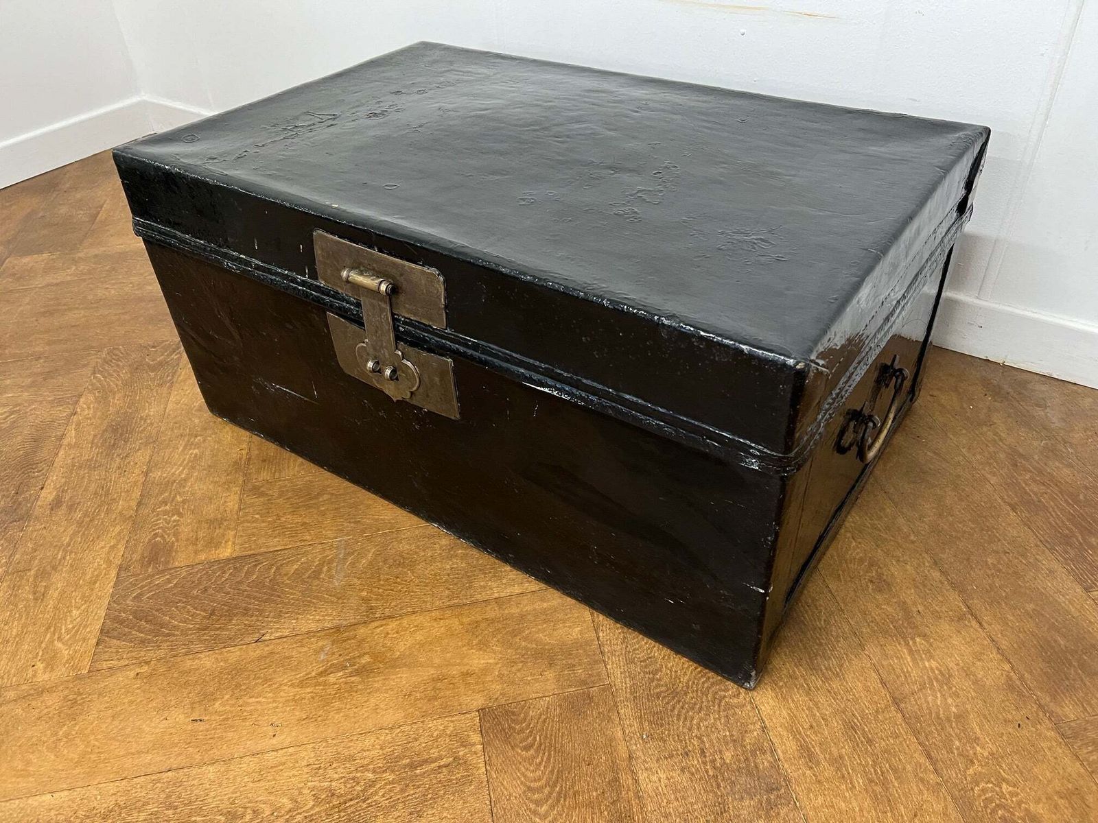 Vintage Black Painted Leather Bound Trunk With Brass Handles & Lock photo for sale