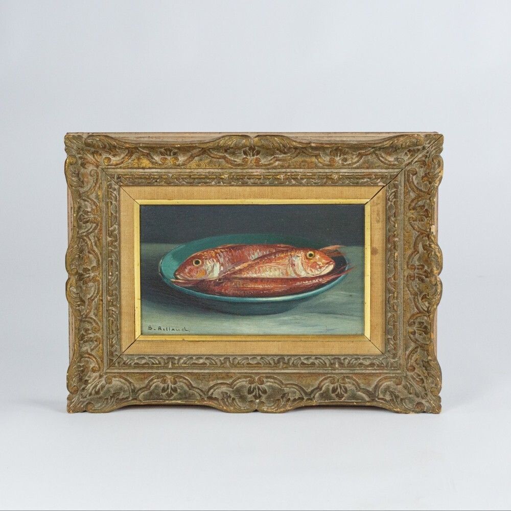 Naive Oil On Canvas Of Red Mullet photo vinterior