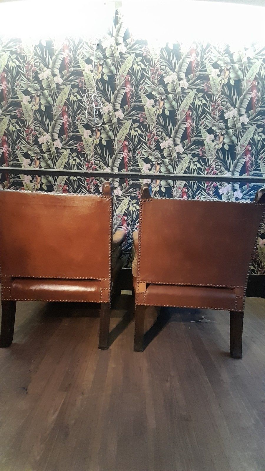 photo furniture Pair Edwardian English Carved Oak Studded Leather Chairs With Lion Finials