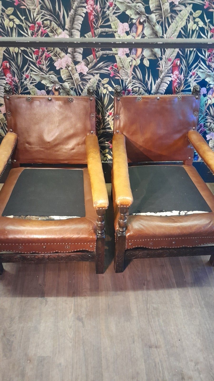 photo for sale Pair Edwardian English Carved Oak Studded Leather Chairs With Lion Finials