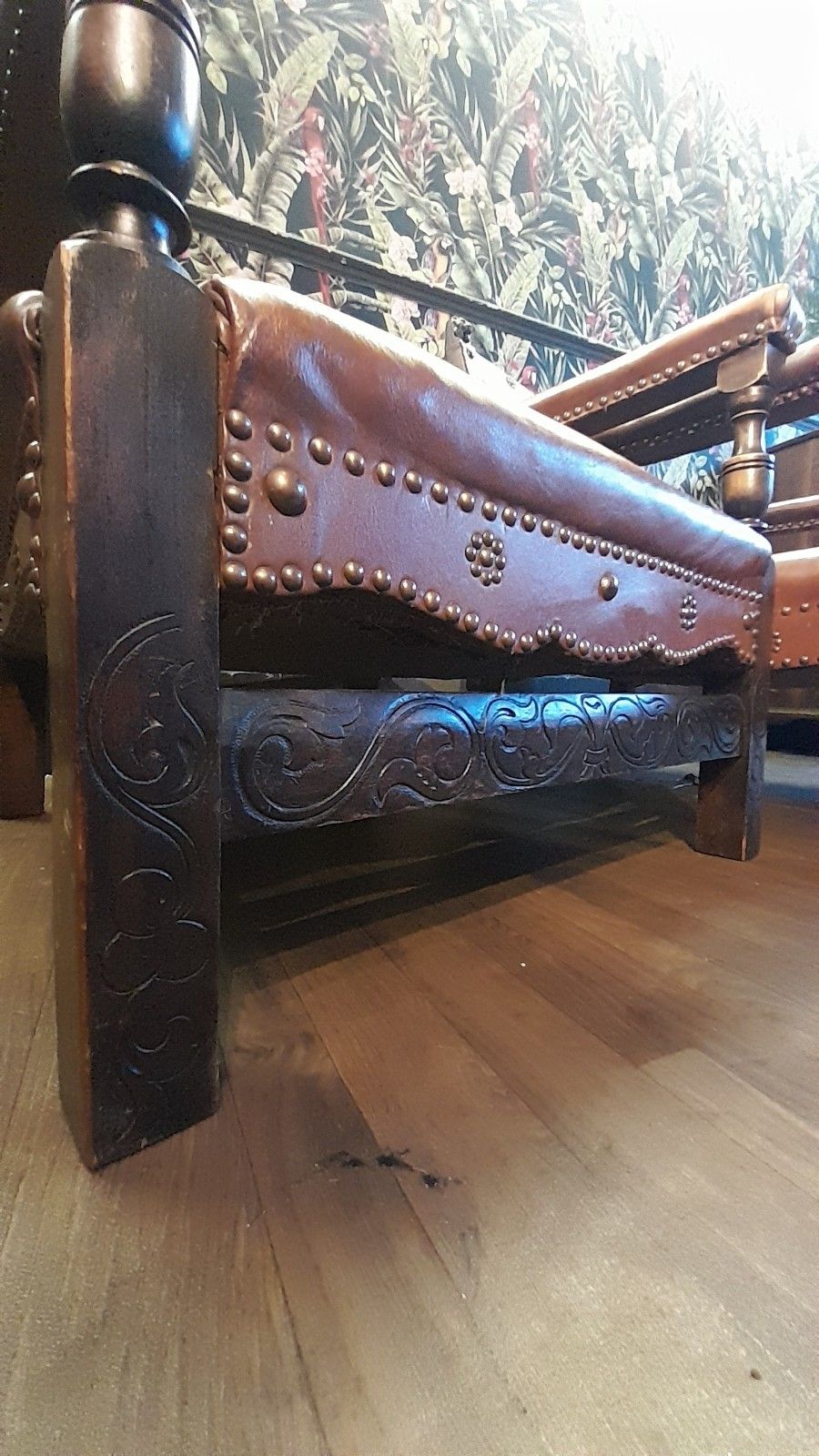 Furniture Pair Edwardian English Carved Oak Studded Leather Chairs With Lion Finials photo