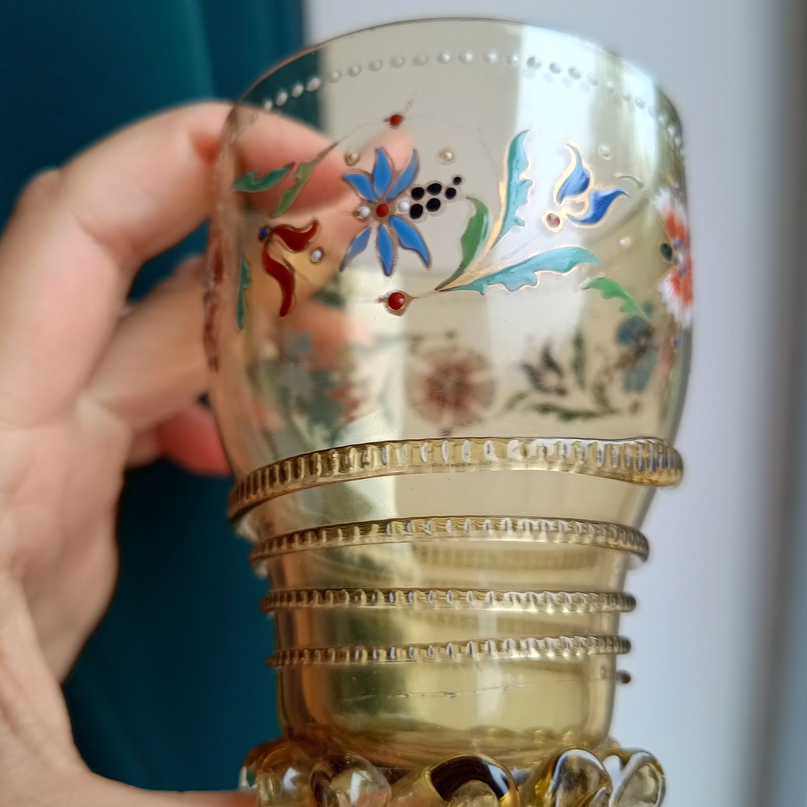 photo for sale Theresienthal Historismus Olive Green Antikgrün Enamelled Glass Roemmer "Roman" Renaissance Revival Beaker By Henrietta Von Porschinger