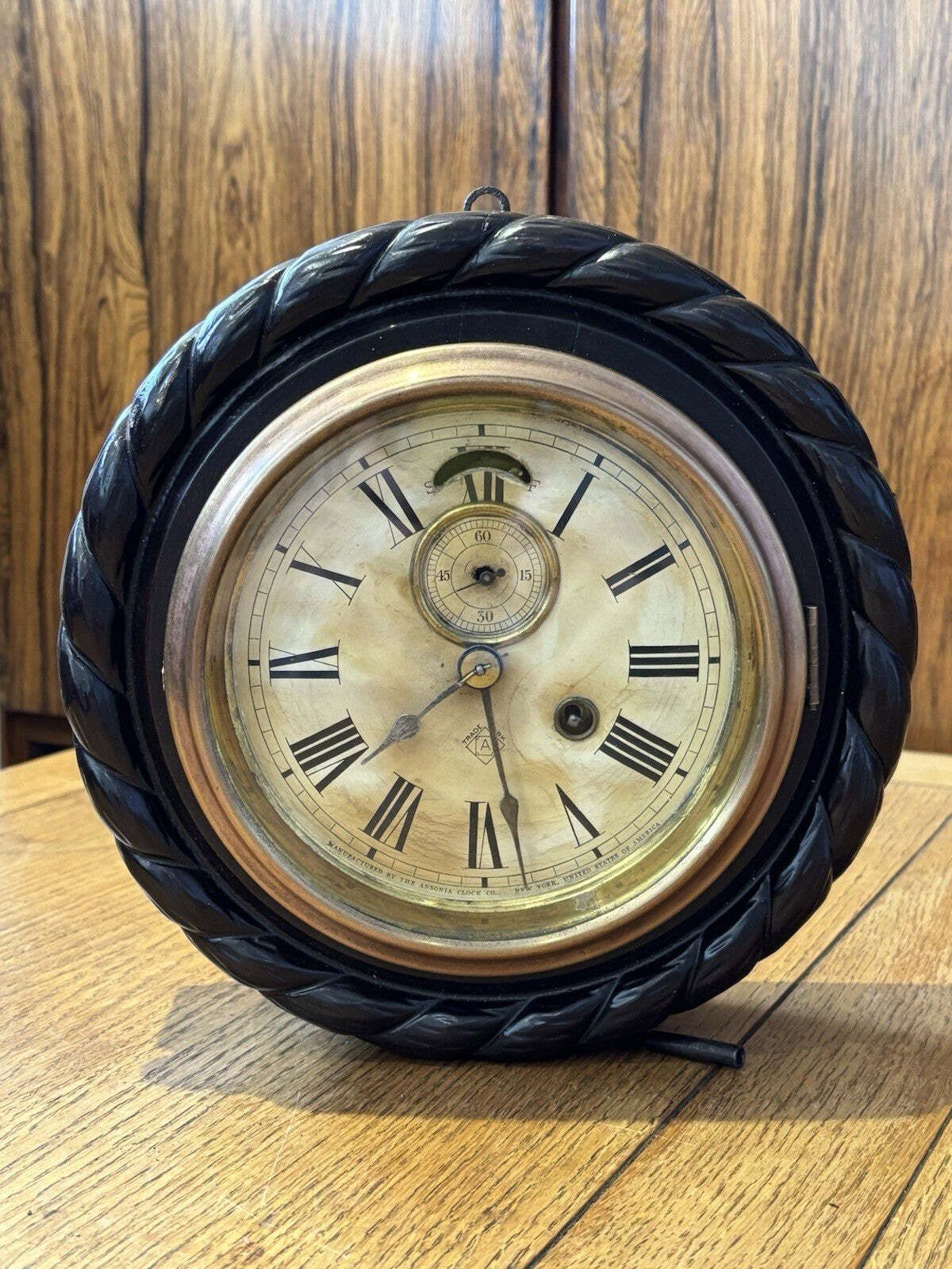 Antique Ansonia Wall Dial Clock In Wooden Case With Key. Nice Small Size photo furniture