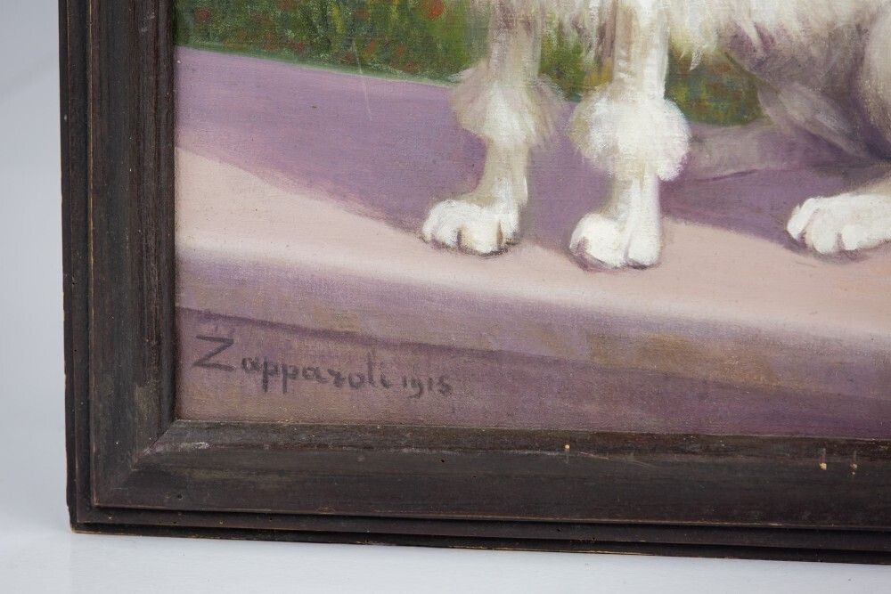 Early 20th Century Oil On Canvas Dog Portrait Of A White Poodle photo vinterior