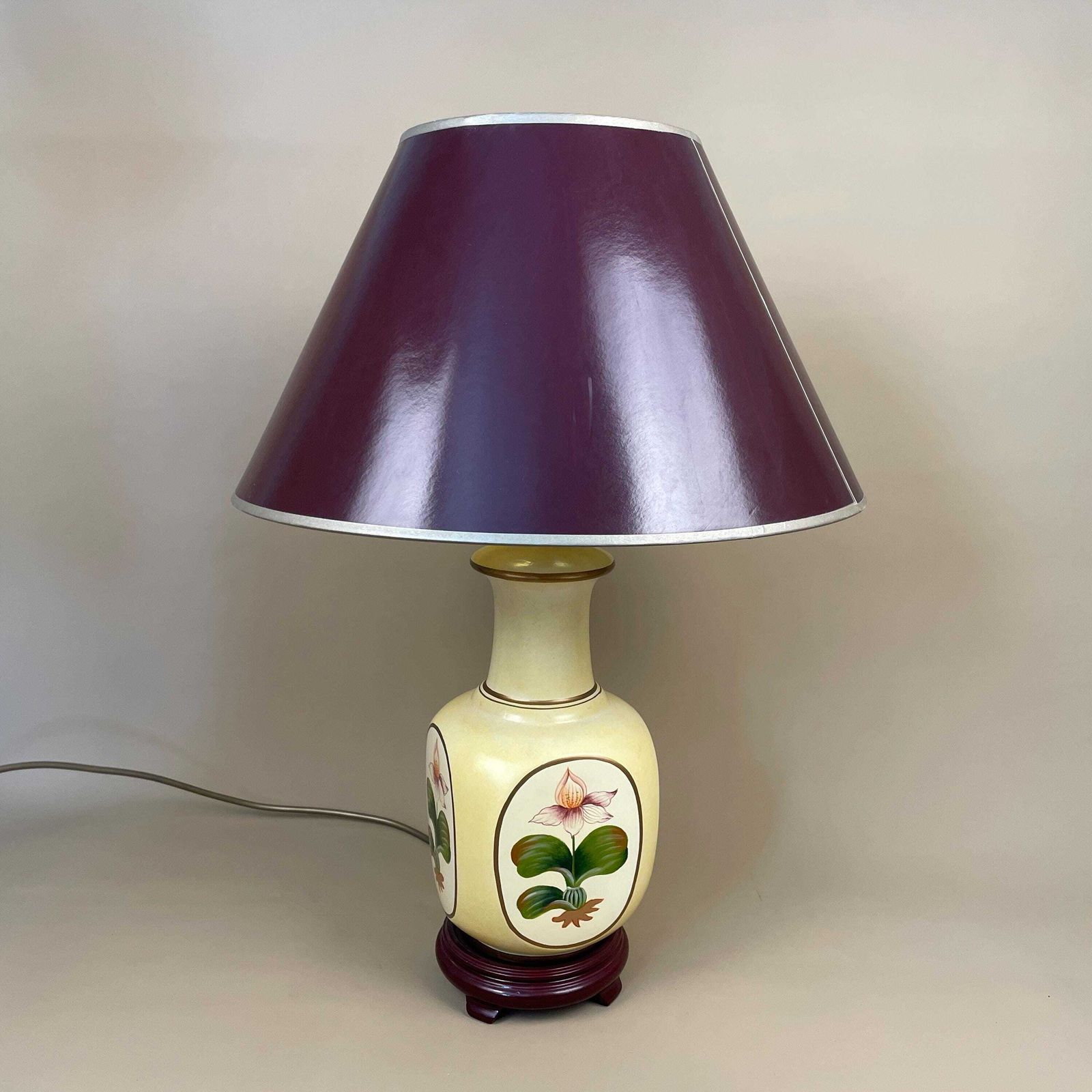 Vintage Suzie Clayton Ceramic Lamp Bedside Table Light Round Vase Retro Cottage Pottery Natural Antiquefloral Pattern Lampshade Burgundy