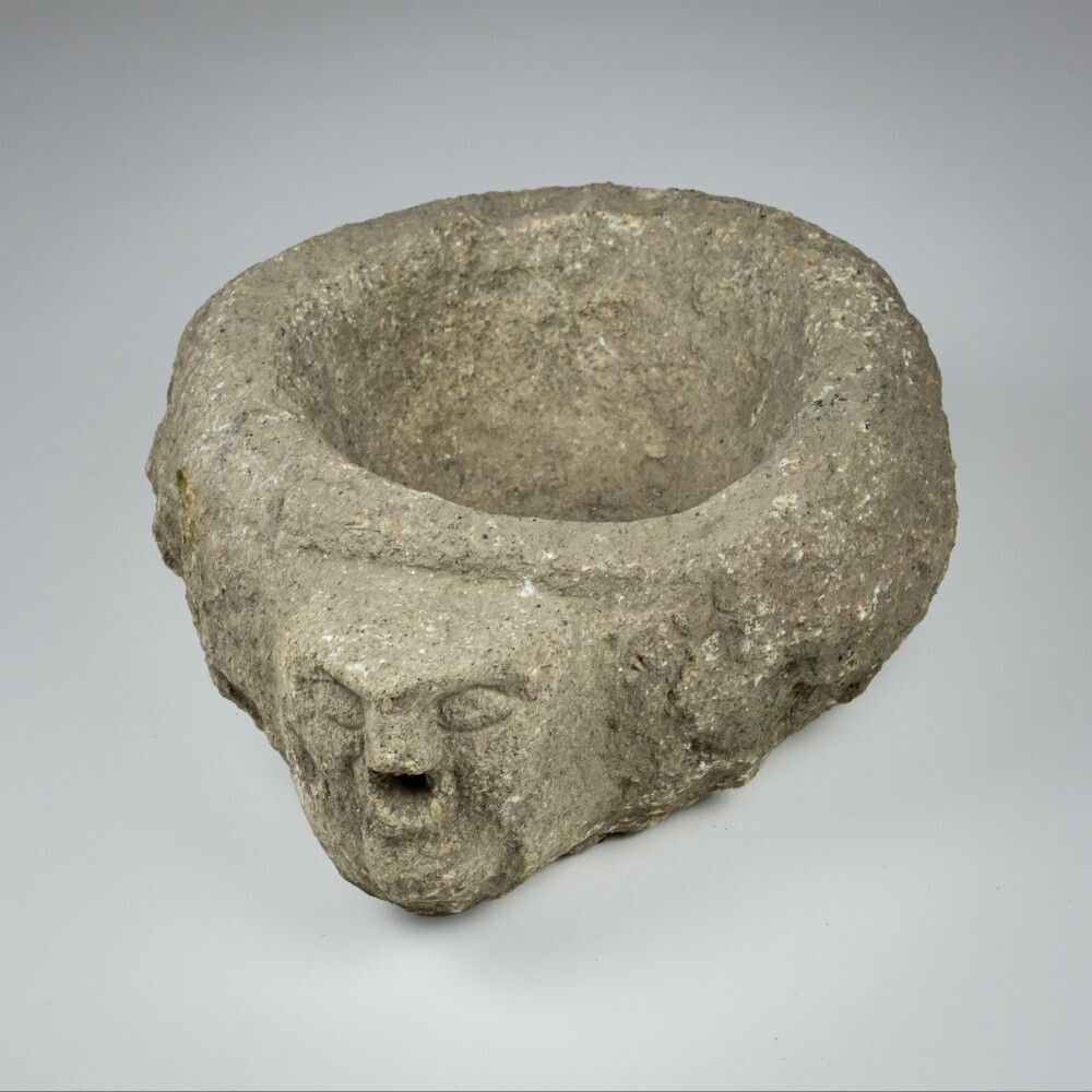 Late Medieval Granite Benitier Or Stoup With Primitive Head As The Water Spout. photo Home Decor