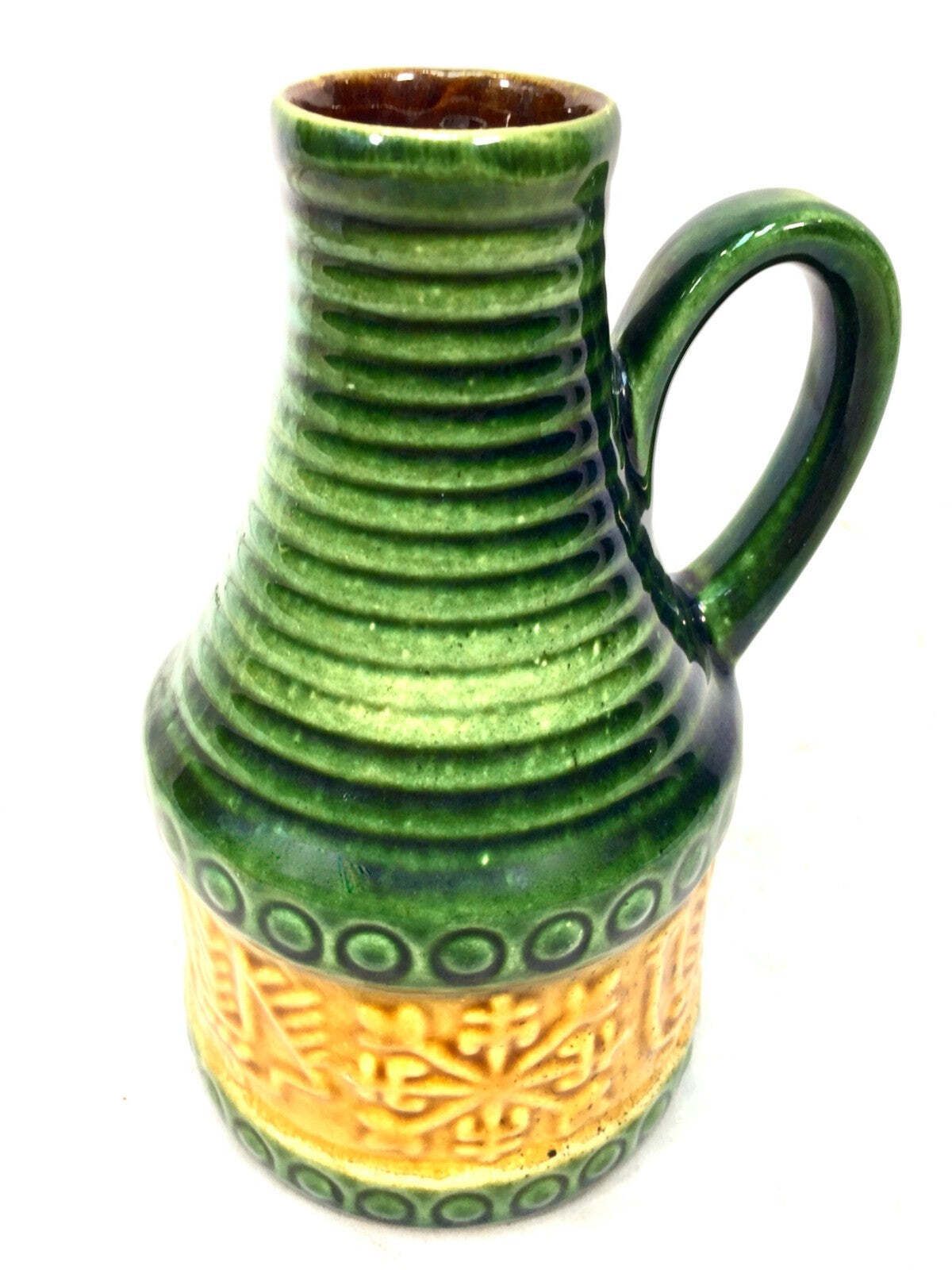 Vintage West German Bay Pottery Vase Jug Green & Yellow/ Retro 1970's photo for sale