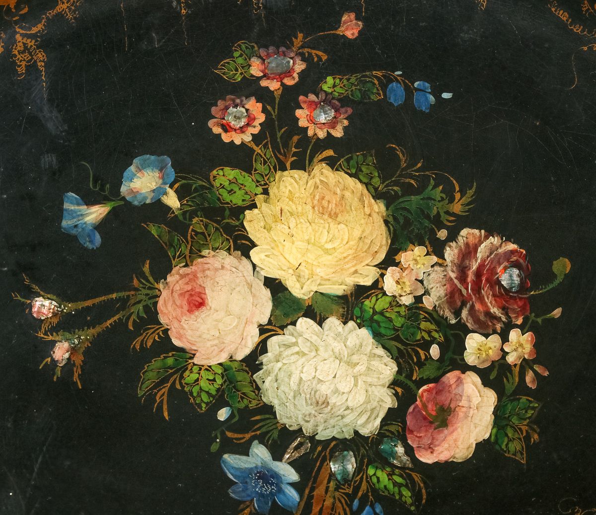 English Victorian Ebonised Chinoiserie Floral Papier Mâché Drinks Butlers Serving Tray (Circa 1870) photo buy