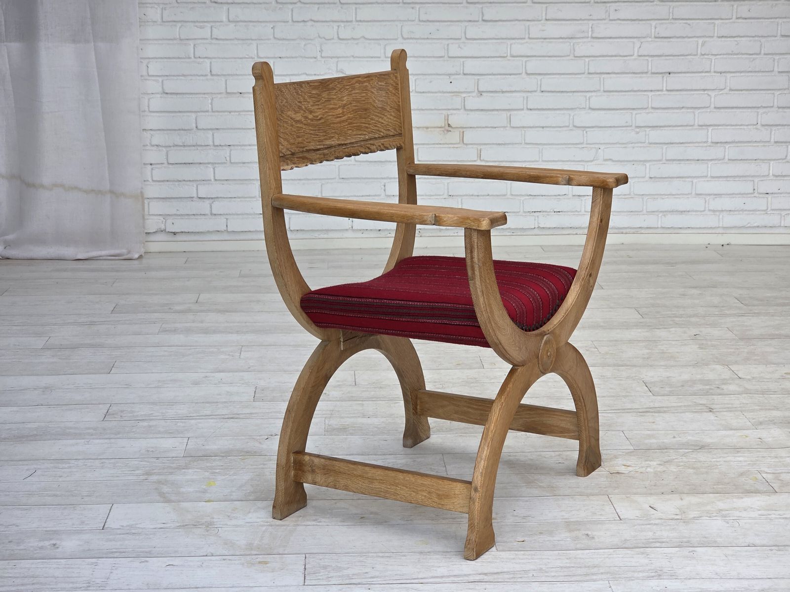 1970s, Danish Armchair, Original Red Furniture Wool, Solid Oak Wood. photo 795.0