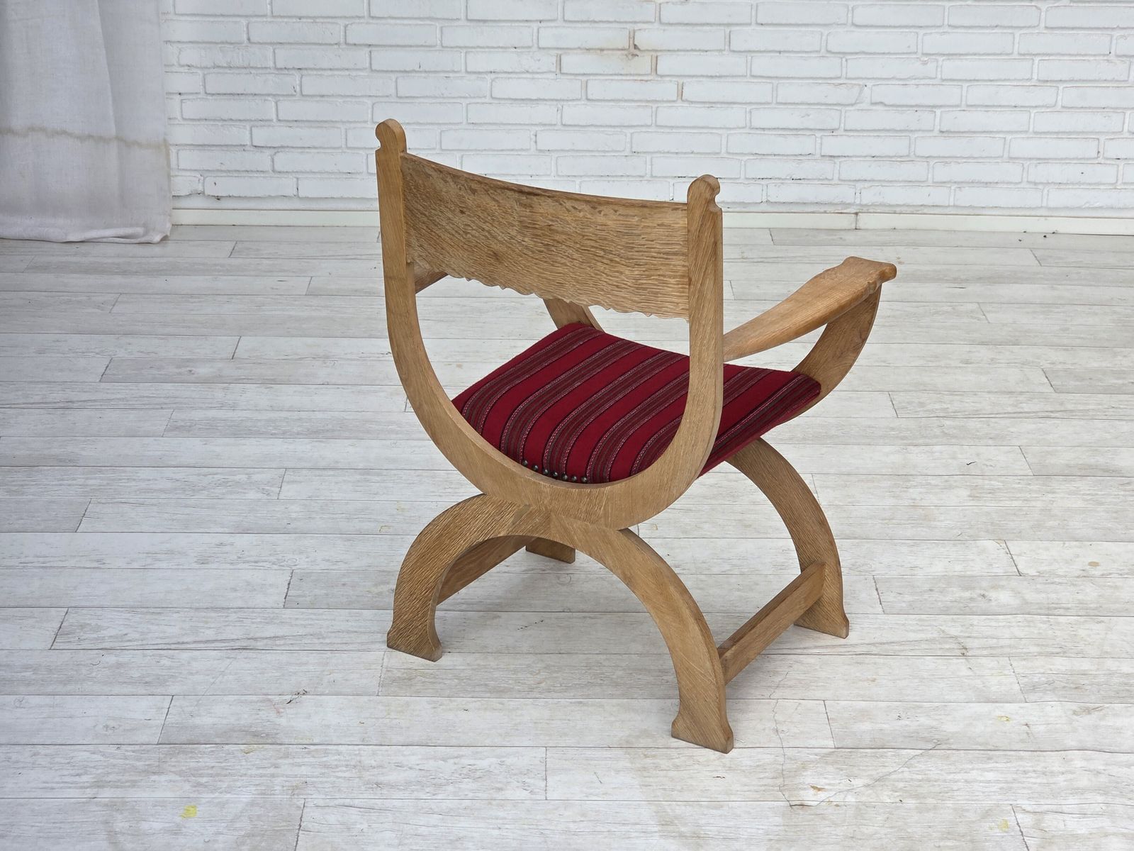 photo for sale 1970s, Danish Armchair, Original Red Furniture Wool, Solid Oak Wood.