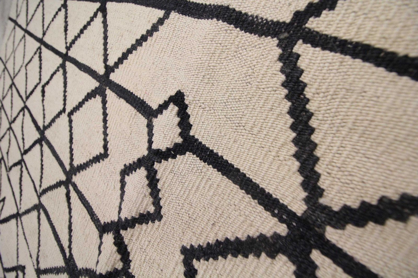 Cream & Black Wool Kilim Rug: Modern Geometric Flatweave Handmade Carpet (7.8 X 5.10 Ft.) photo vintage