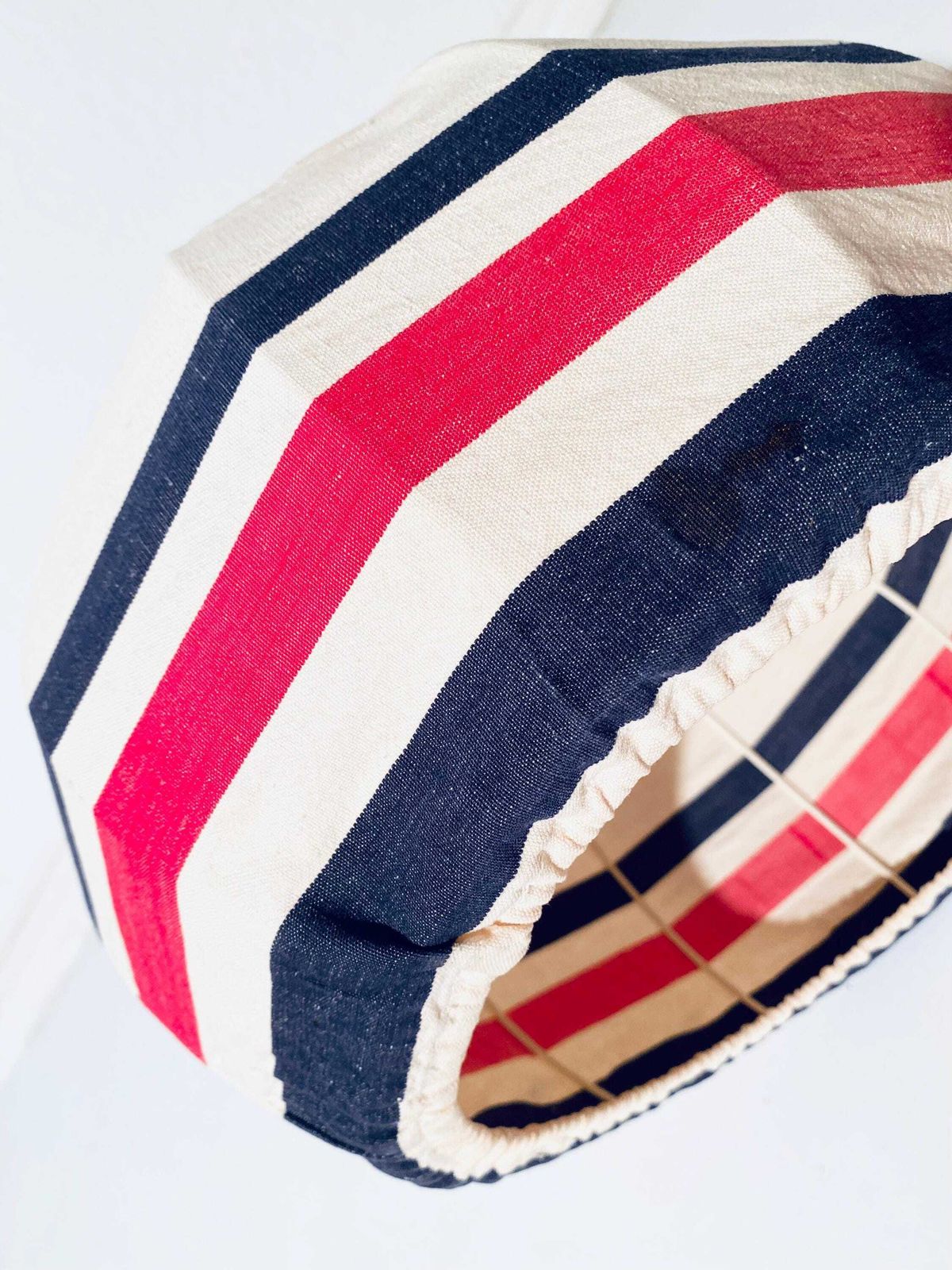 Vintage 1960s French Hanging Lamp With White, Blue & Red Cotton Shade / Mid Century Decor photo 162.0