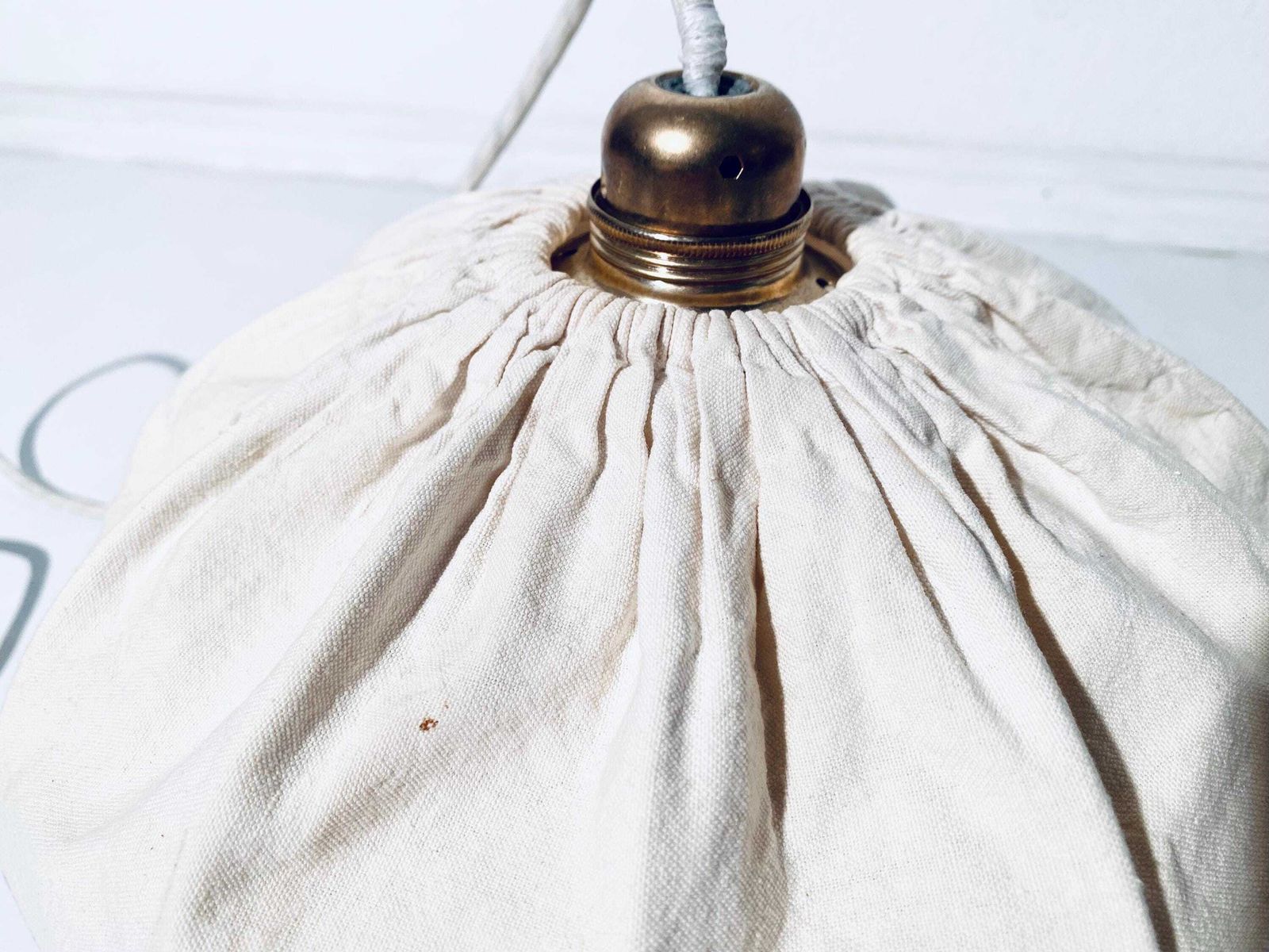 photo for sale Vintage 1960s French Hanging Lamp With White, Blue & Red Cotton Shade / Mid Century Decor