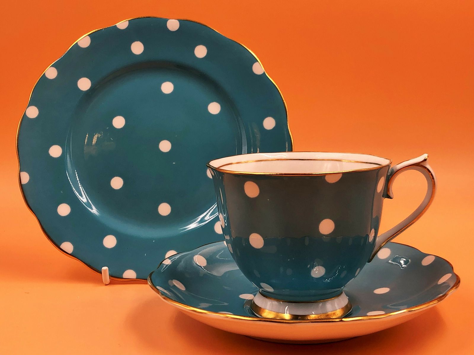 Vintage Royal Albert China Countess Shape Turquoise Polka Dots Tea Cup, Saucer & Side Plate Trio.