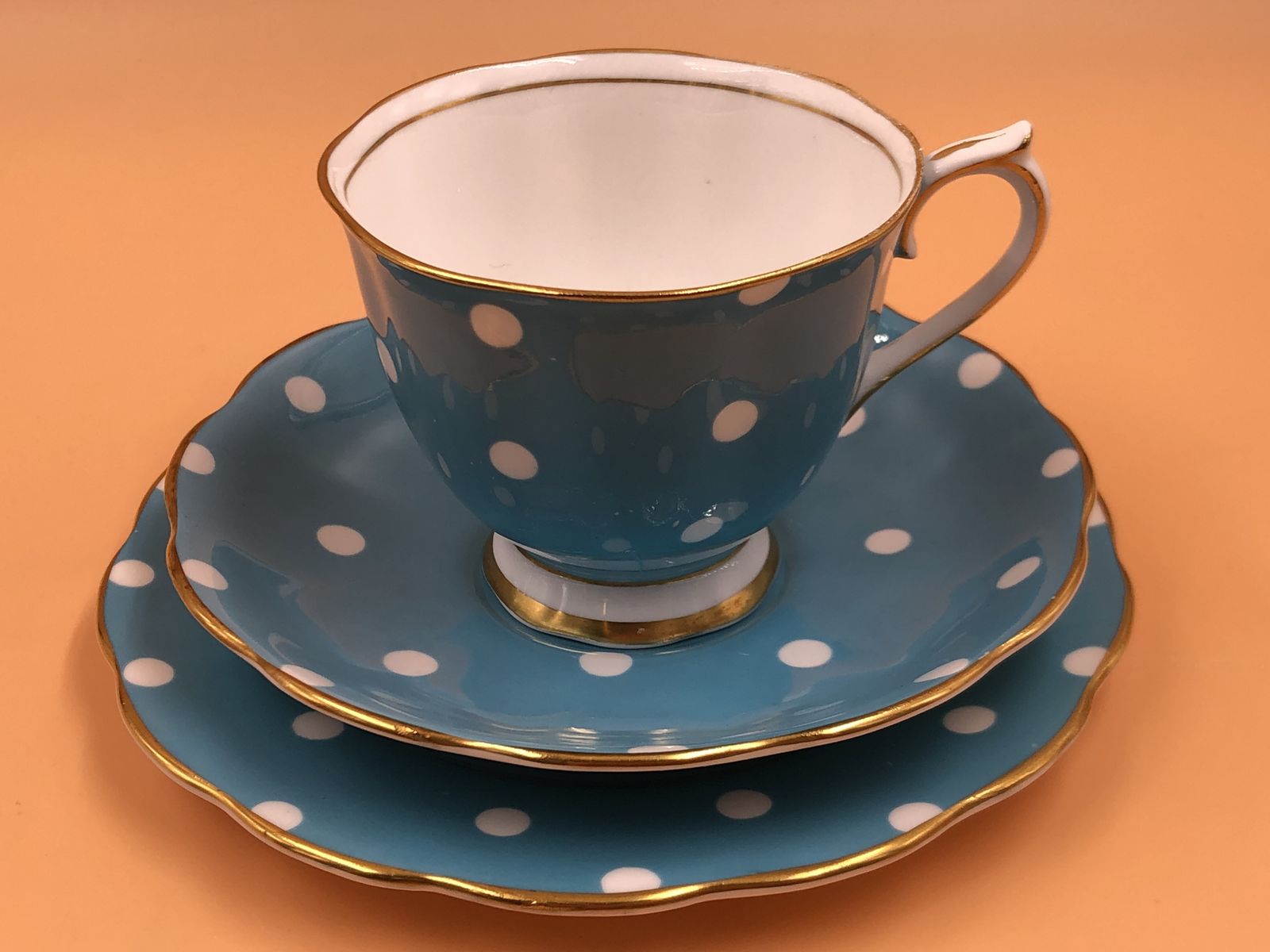 Vintage Royal Albert China Countess Shape Turquoise Polka Dots Tea Cup, Saucer & Side Plate Trio. photo vintage