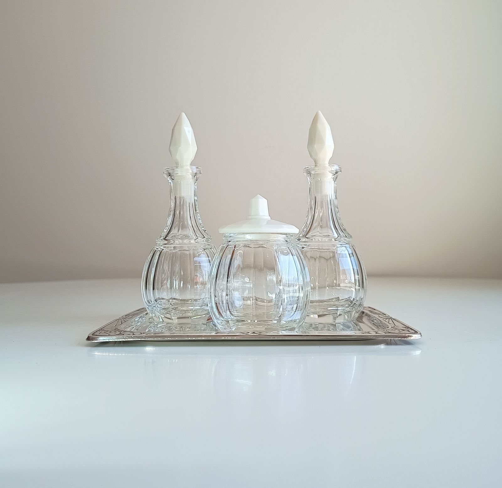Rare Jugendstil Fine Dining Cruet Set Of Glass Bottles, Uranium Opaline Glass Stoppers, Late Art Nouveau Bohemia