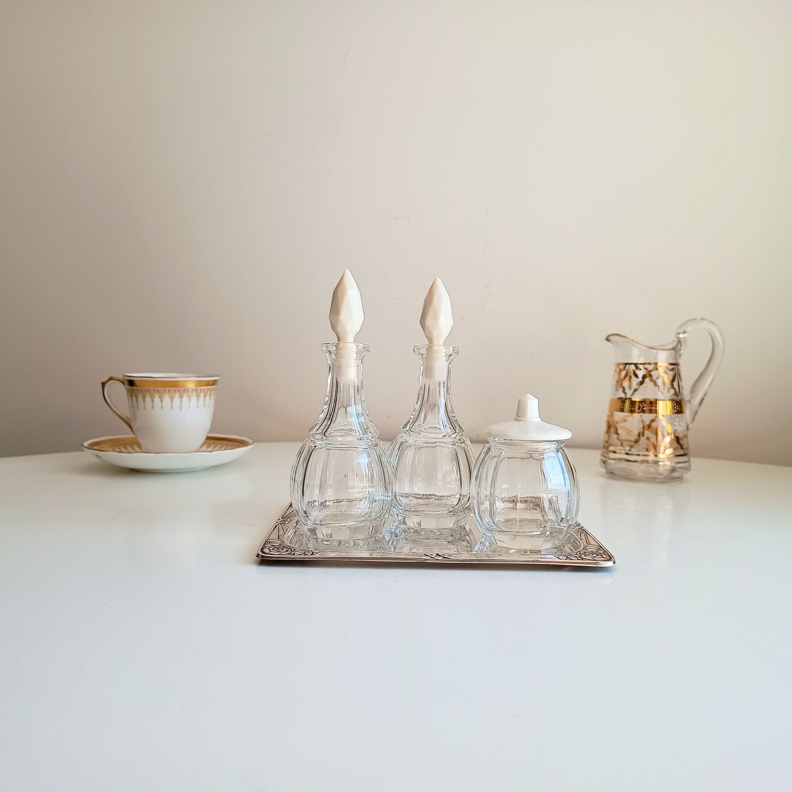 Rare Jugendstil Fine Dining Cruet Set Of Glass Bottles, Uranium Opaline Glass Stoppers, Late Art Nouveau Bohemia photo furniture