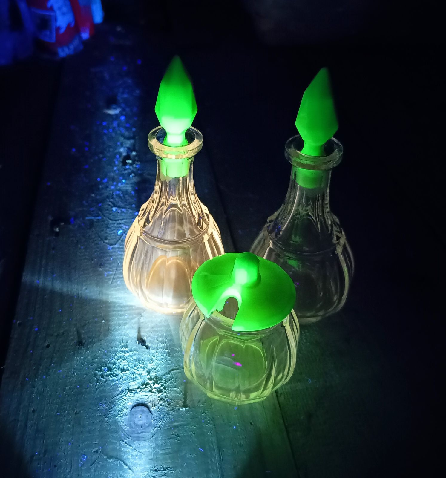 Rare Jugendstil Fine Dining Cruet Set Of Glass Bottles, Uranium Opaline Glass Stoppers, Late Art Nouveau Bohemia photo for sale