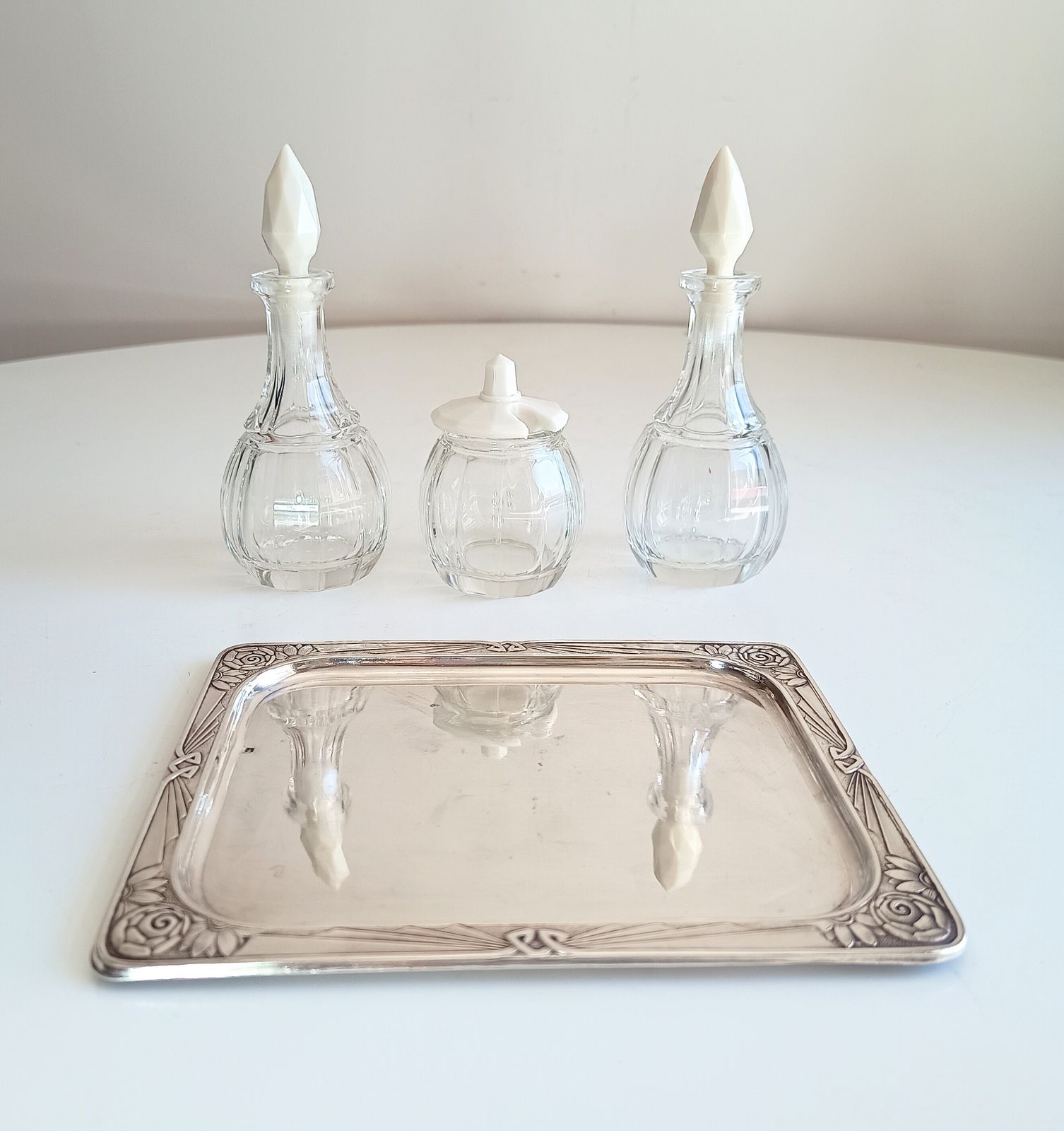 Rare Jugendstil Fine Dining Cruet Set Of Glass Bottles, Uranium Opaline Glass Stoppers, Late Art Nouveau Bohemia photo buy